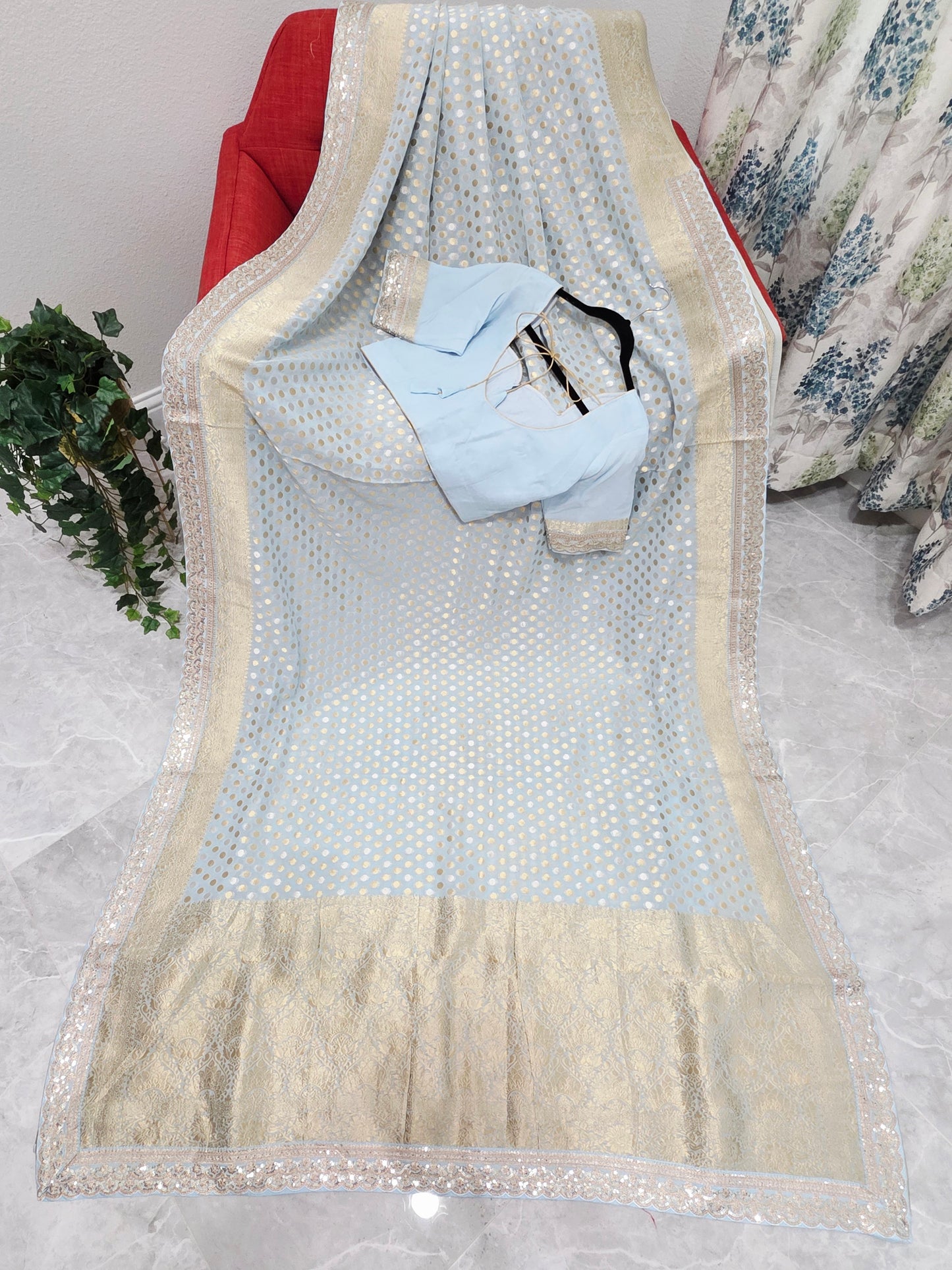 Designer Lace Attached Viscose Georgette Polka Butta Saree with Stitched Blouse – Soft Ice Blue