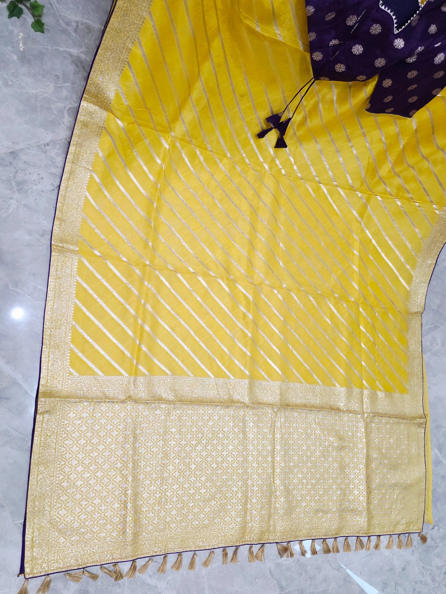 Yellow Leheriya Munga Crepe Silk Saree with Purple Stitched Blouse