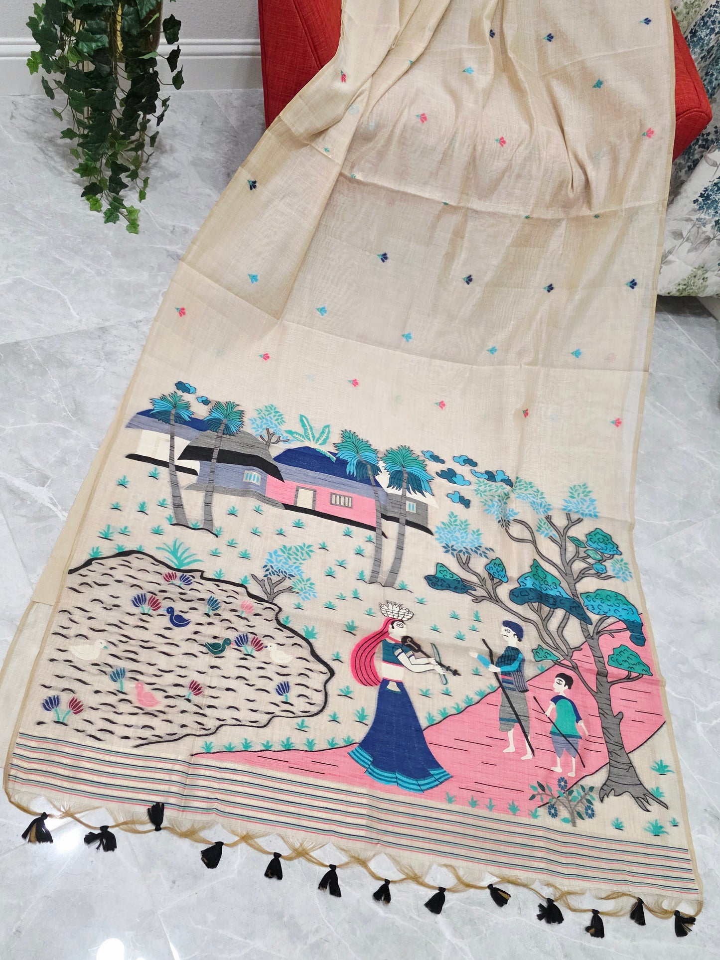 Heritage Muga Beige Jamdani Cotton Saree with Scenic Pallu & Navy Puff Blouse