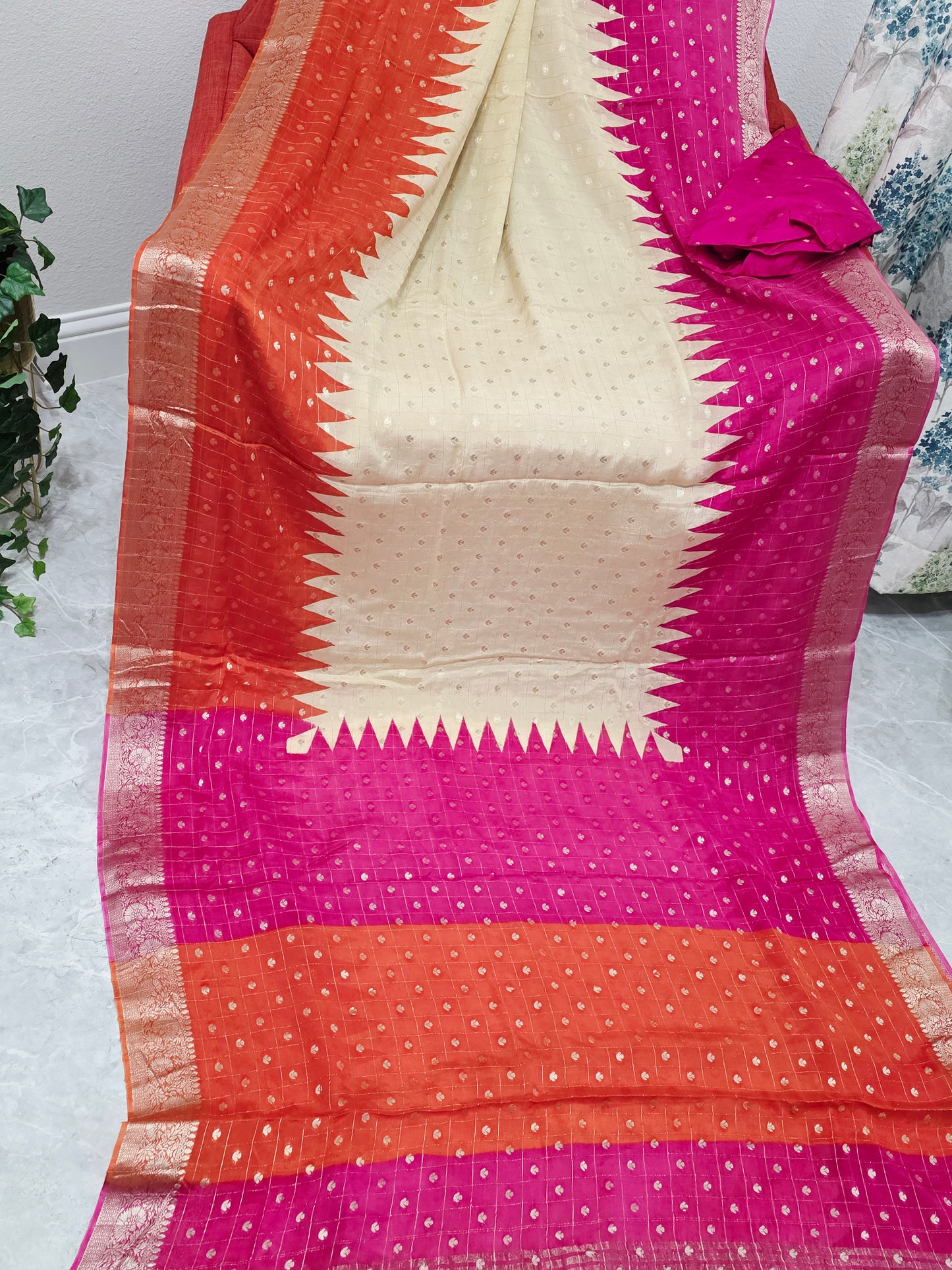 Sunset Coral Ivory Magenta Chinon Chiffon Checkered Saree