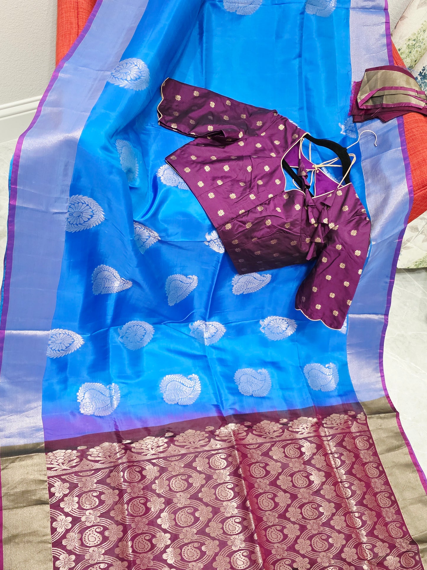 Azure Sapphire Semi Kanchi Soft Silk Saree with Benarasi Blouse
