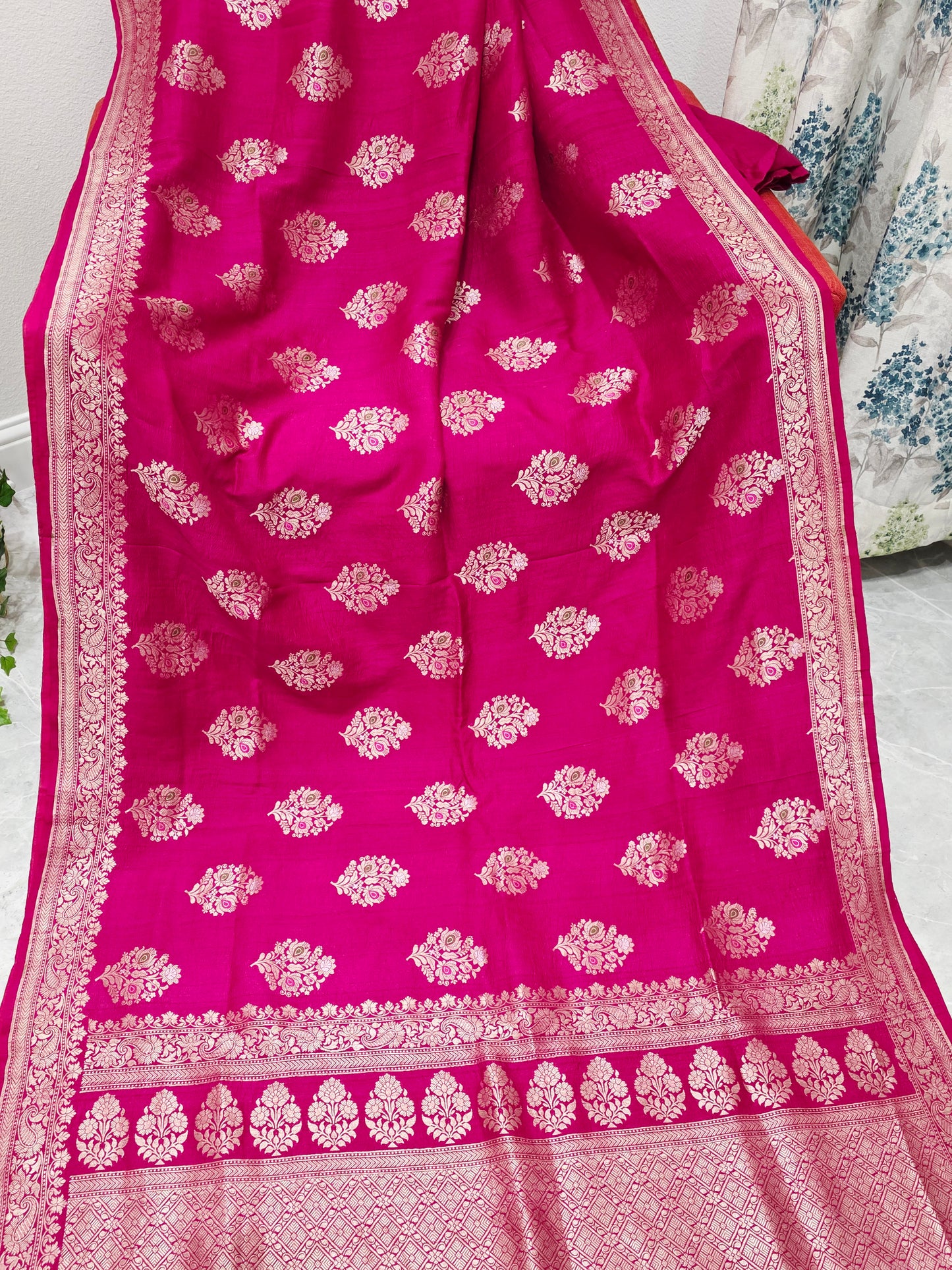 Royal Fuchsia Magenta Tussar Georgette Saree with Gold Zari Border