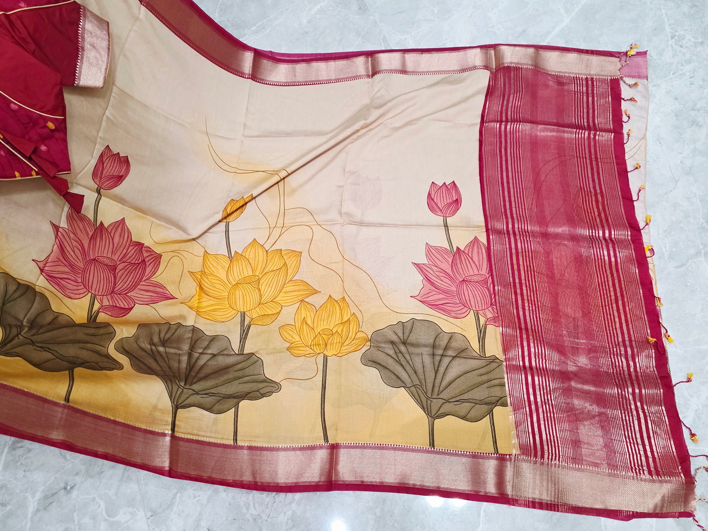 Champagne Peach Lotus Print Ruby Silk Saree with Stitched Blouse