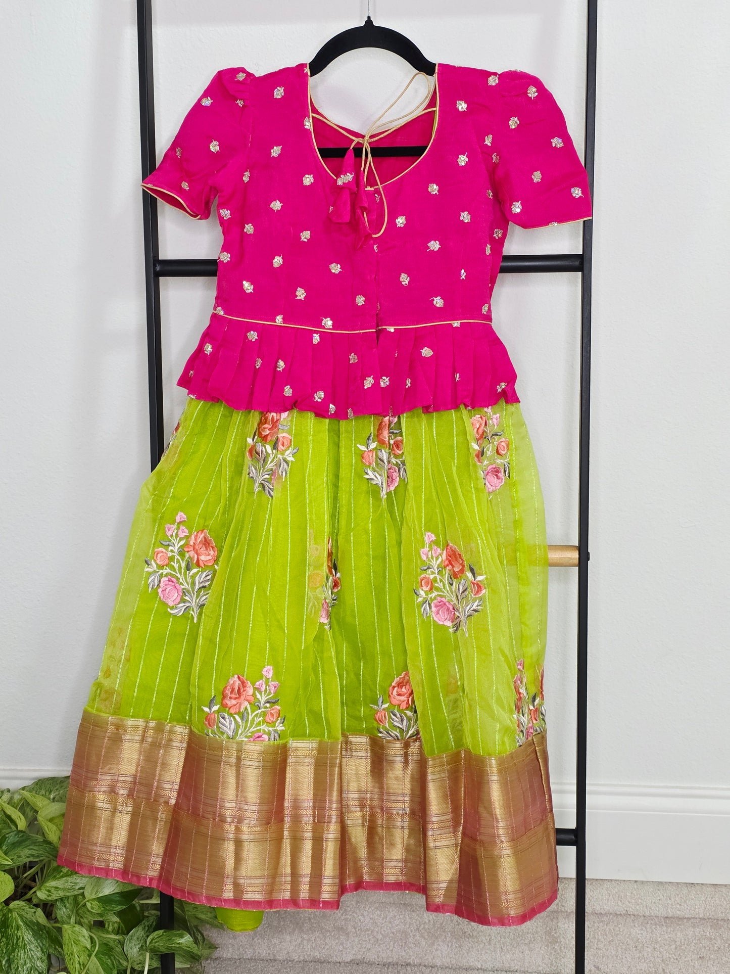 Green Organza Lehenga with Pink Chinnon Chiffon Blouse for Girls (Age 5 – 6)