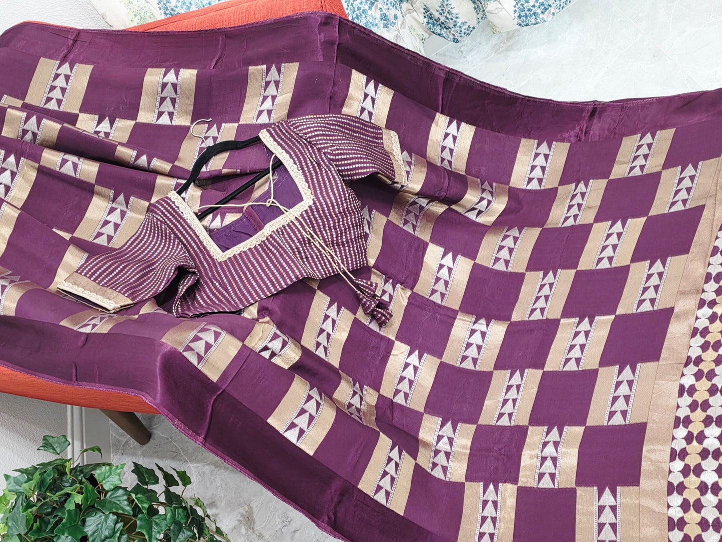 Russian Dola Crepe Silk Saree with Geometric Zari Woven Design & Ready Stitched Blouse Wine