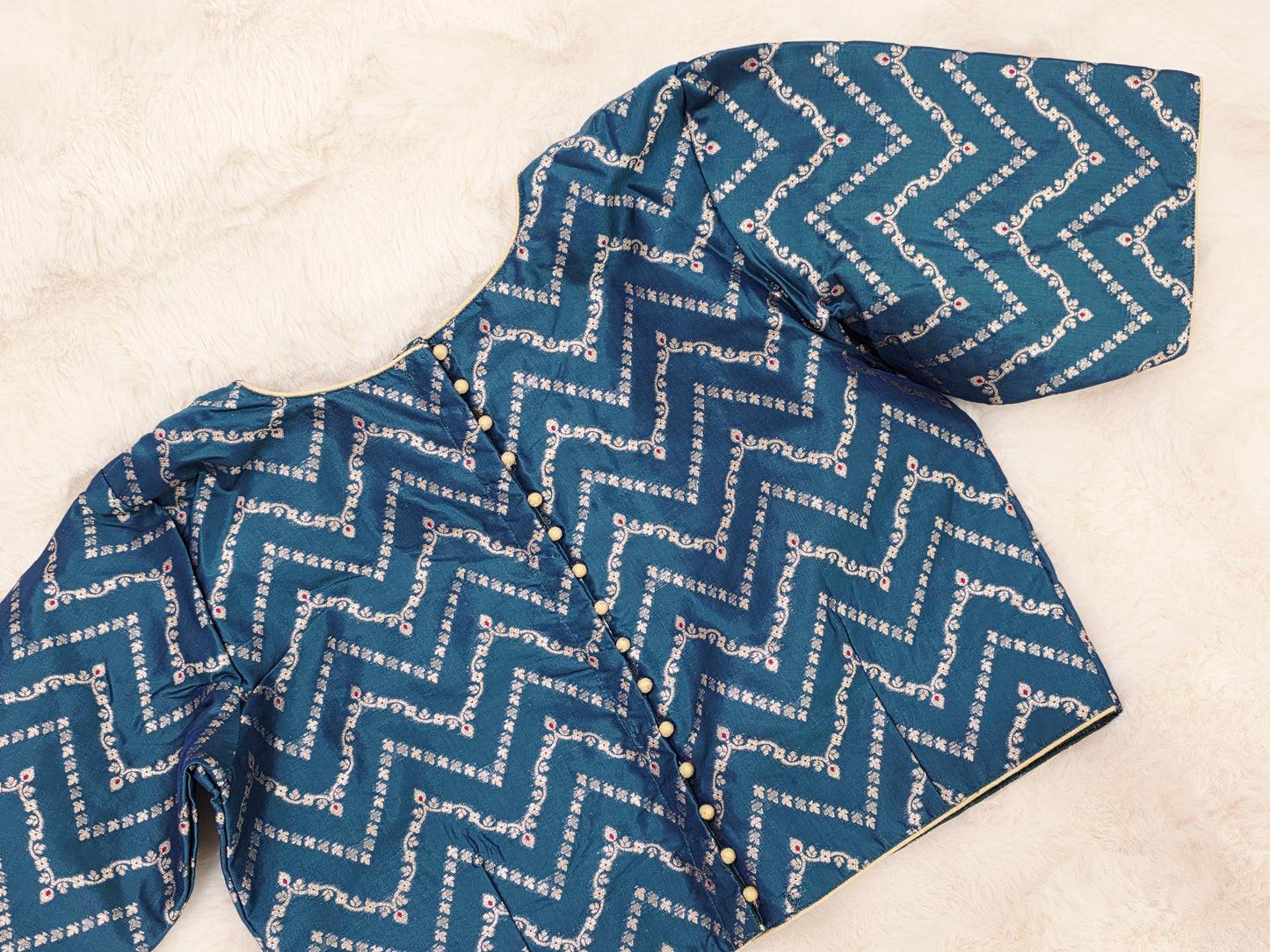 Teal Blue Banarasi Silk Stitched Blouse with Chevron Butta