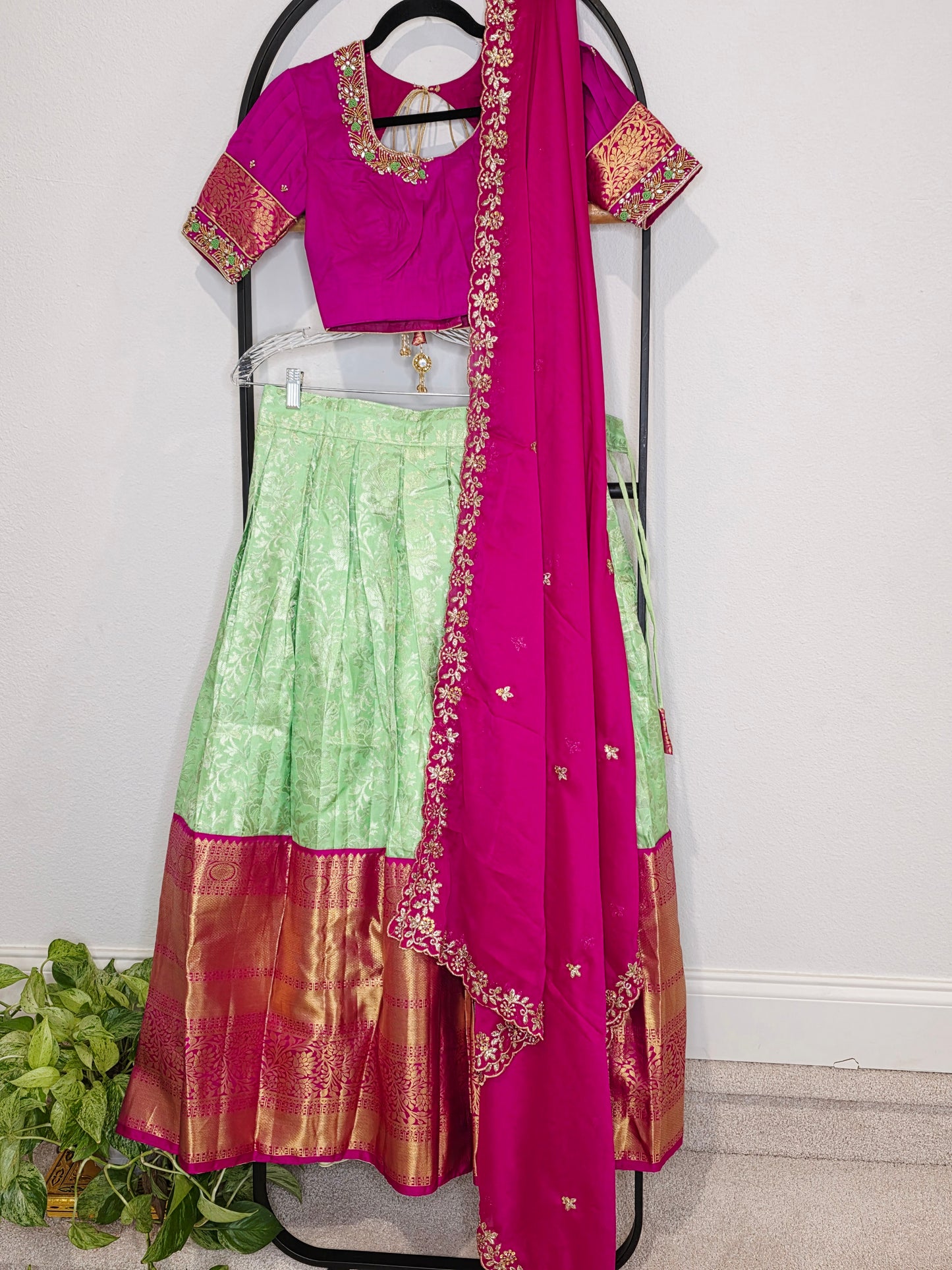 Royal Mint Pista Green & Rani Pink Pure Kanchi Silk Traditional Half Saree Lehenga Set
