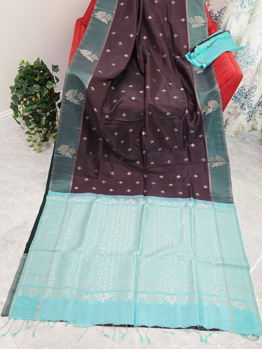 Espresso Cocoa Brown & Tiffany Aqua Peacock Zari Elegance – Semi Kanchi Fine Soft Silk Saree