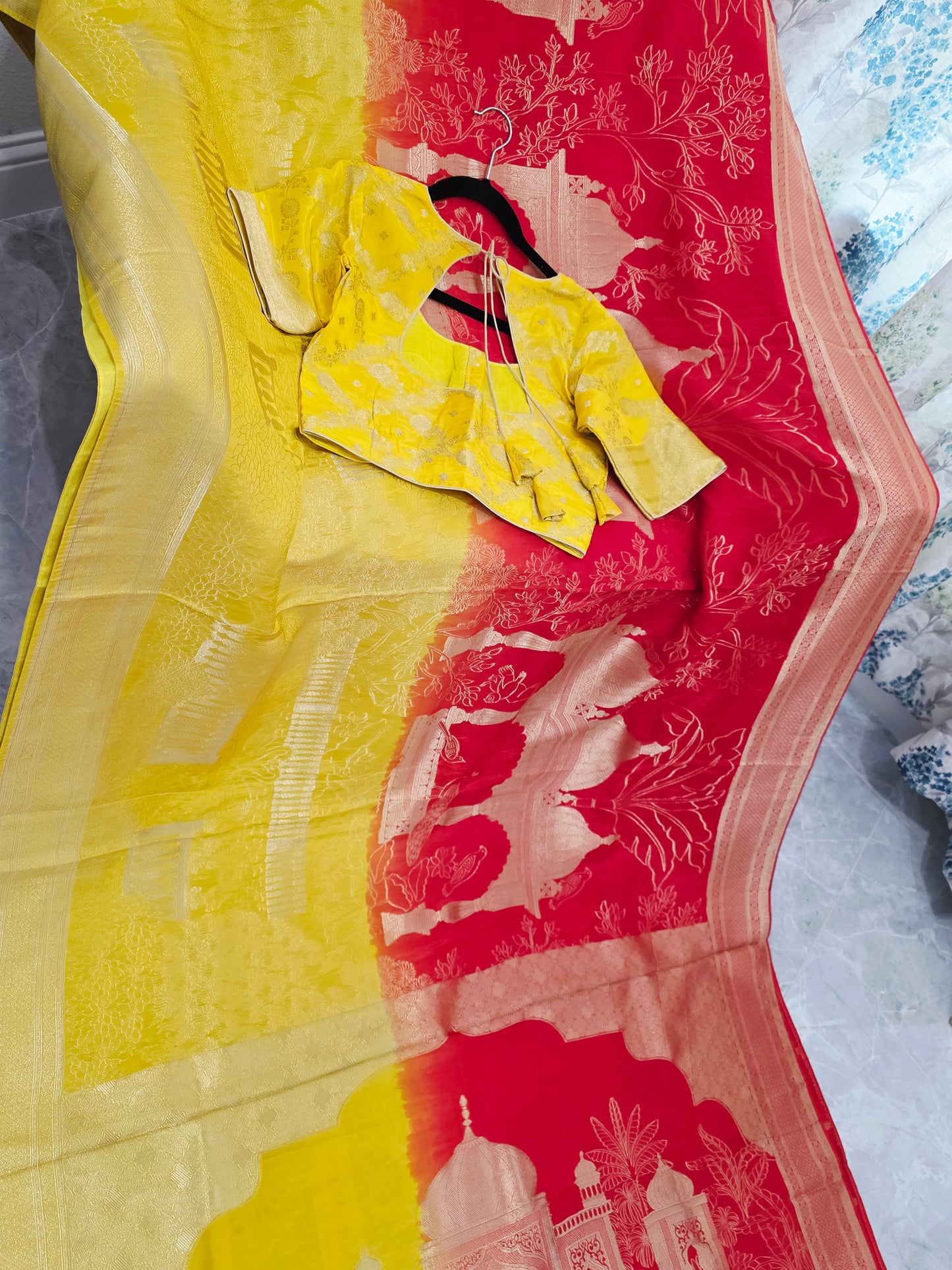 Sunrise Gold & Maharani Red Benarasi Silk Saree – Royal Taj Garden Weave with Stitched Blouse
