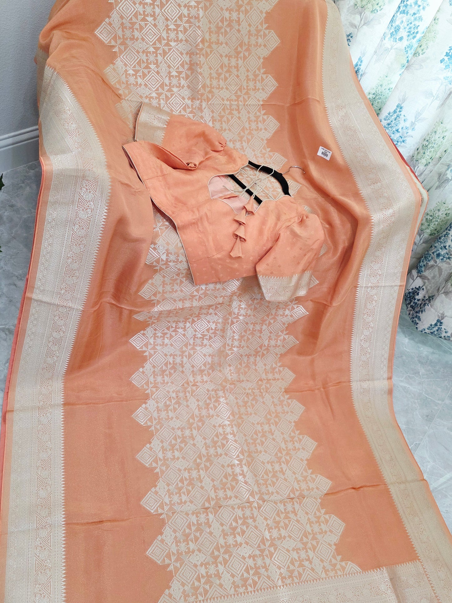 Royal Apricot Gold Geometric Tissue Silk Saree with Stitched Blouse
