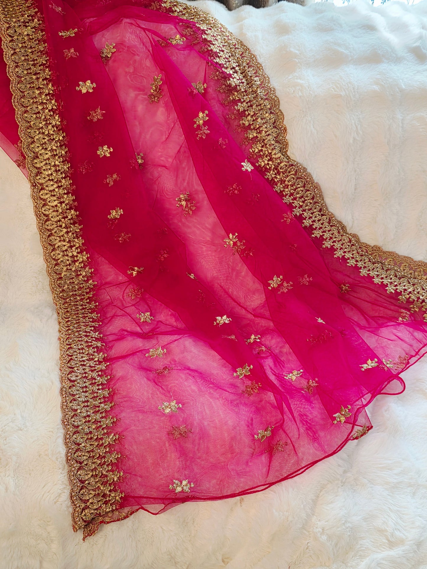 Cerise Pink Net Dupatta for Lehenga Dresses Wedding Festive Ethnic Wear