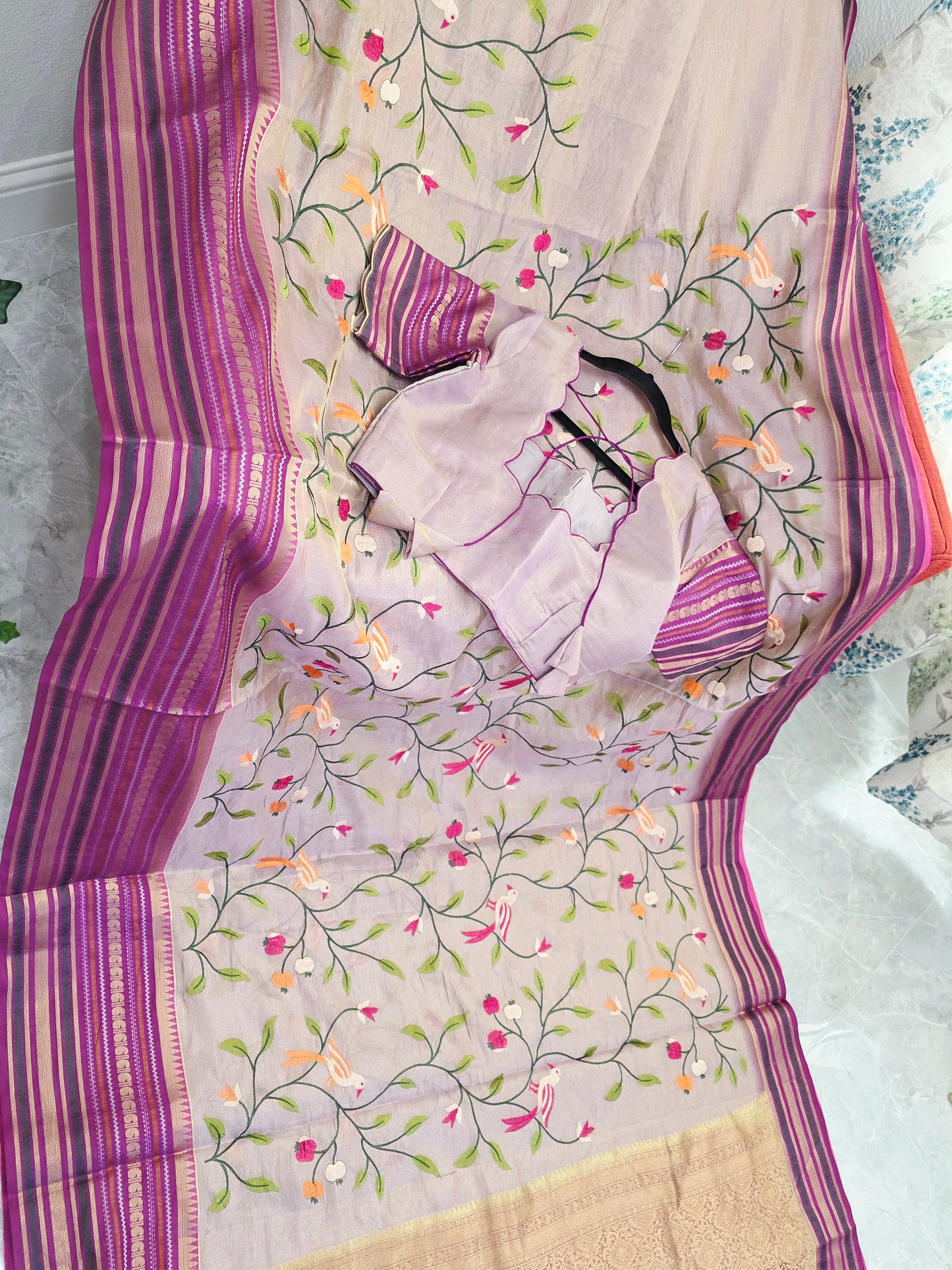 Lavender Mist & Royal Magenta Zari Tissue Saree with Bird Embroidery