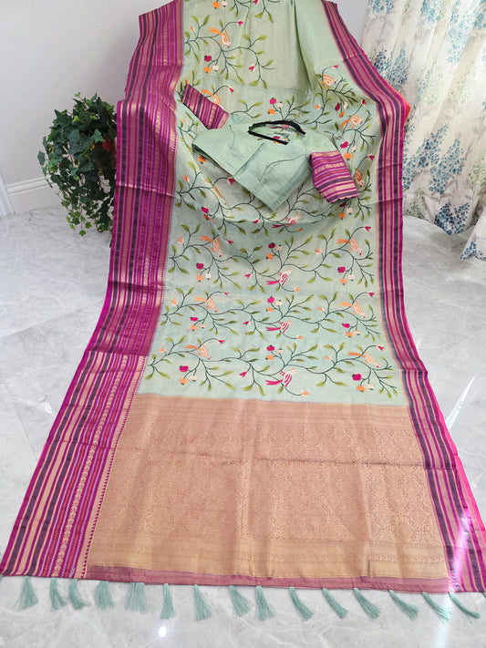 Celadon Mint Green & Rani Pink Zari Tissue Saree with Bird Embroidery