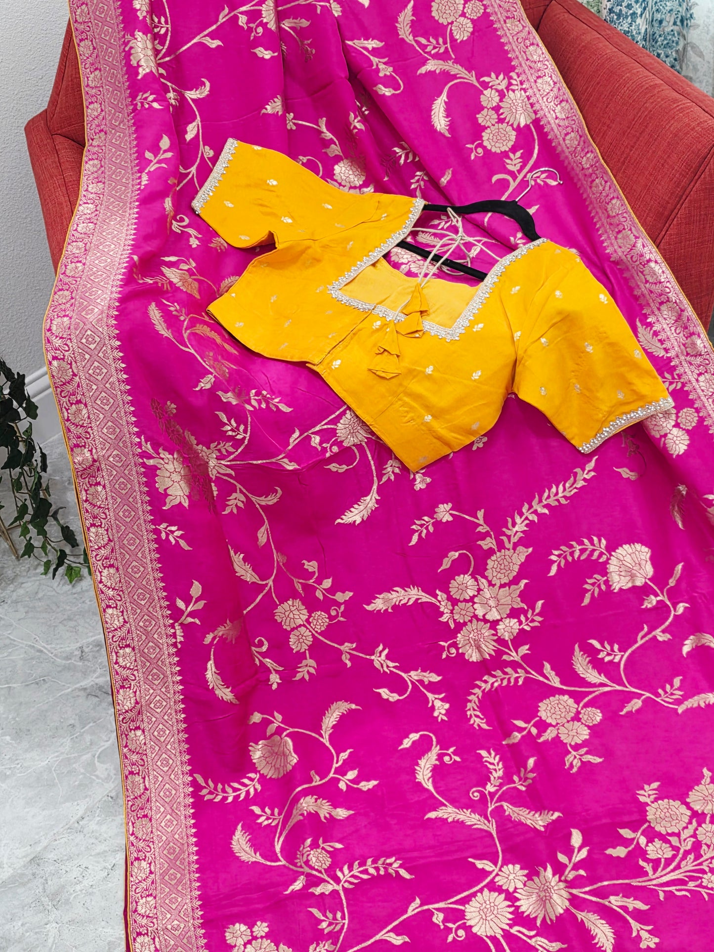 Royal Rani Pink Munga Crepe Silk Saree with Meenakari Floral Zari Weaving & Designer Blouse