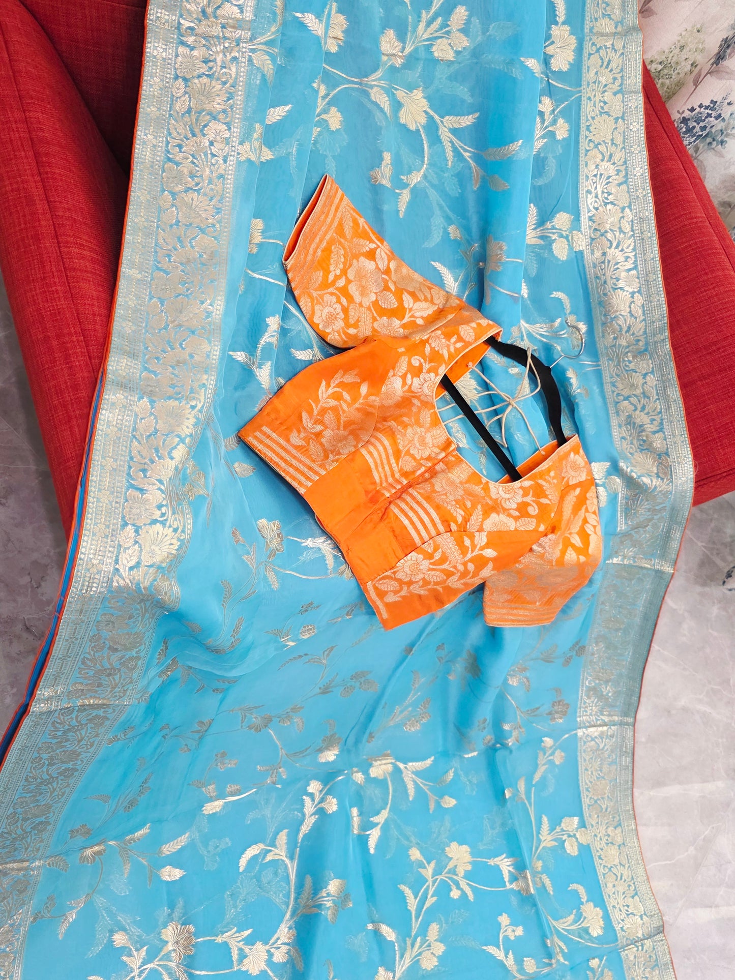 Sky Blue & Antique Gold Soft Khadi Viscose Organza Silk Saree with Floral Zari Weaving & Designer Blouse