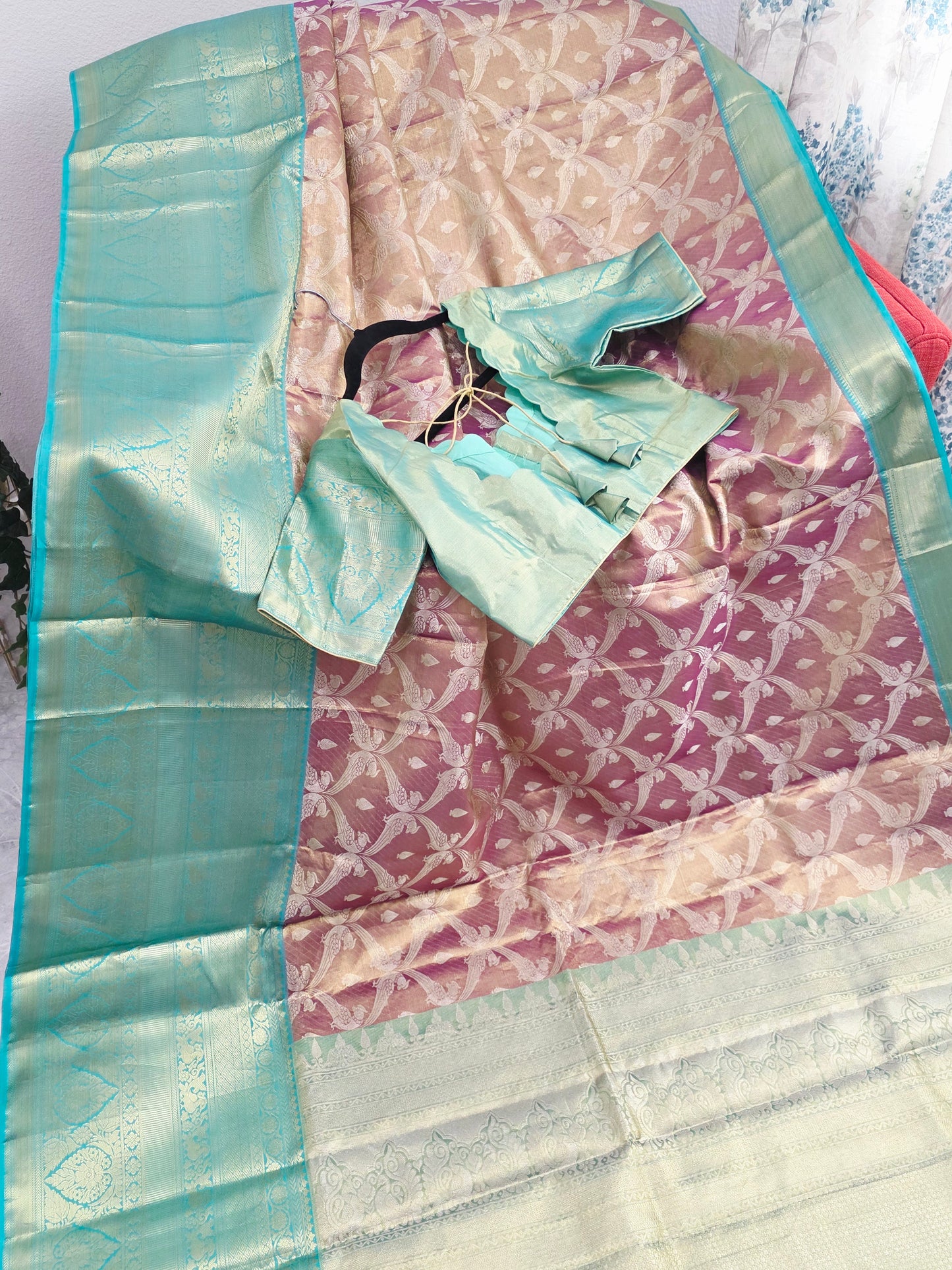 Dusty Rose Pink & Mint Green Pure Kanchi Tissue Silk Saree with Antique Gold Zari Weaving & Designer Blouseidery & Designer Blouse