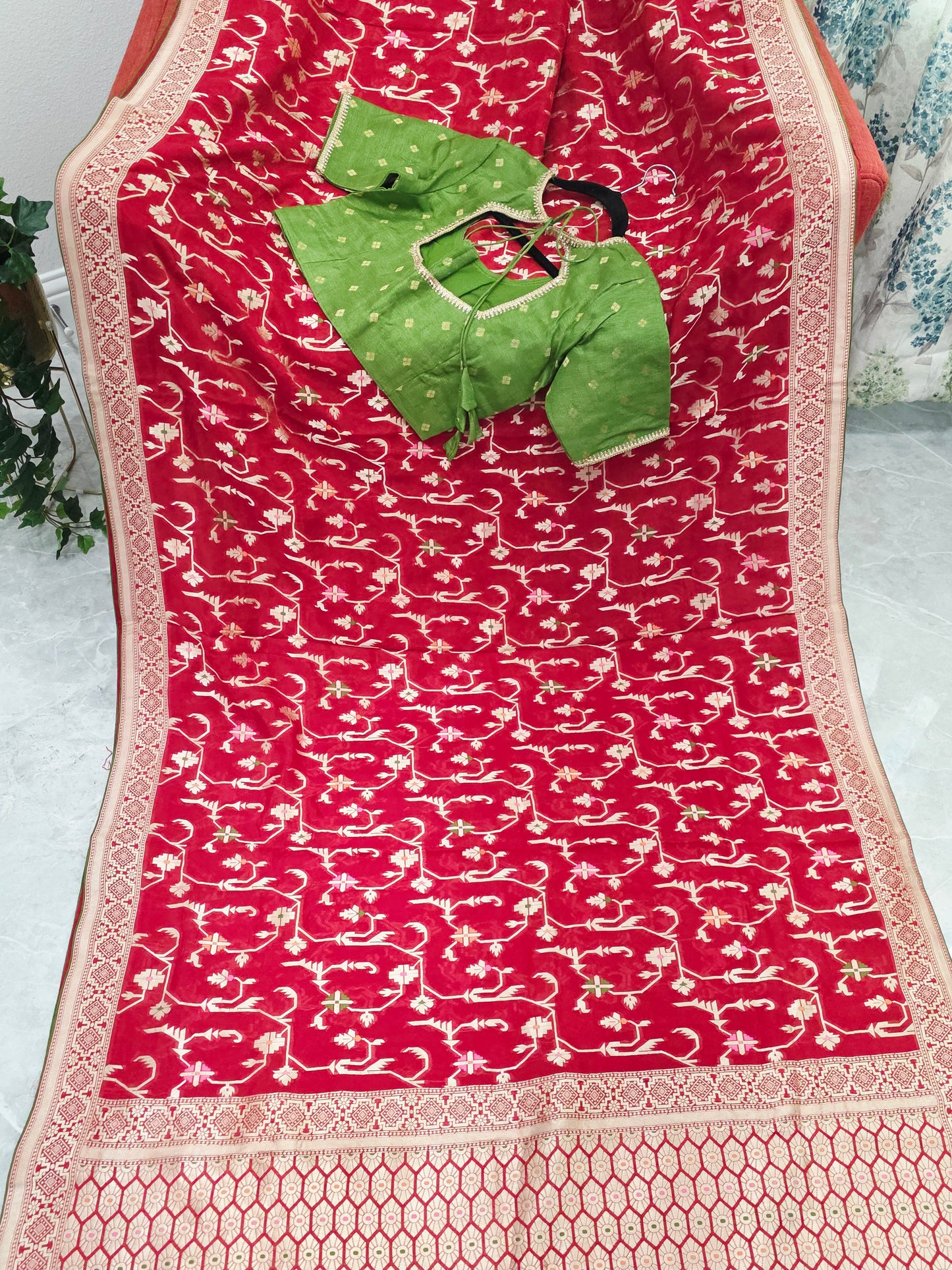 Regal Crimson Red Soft Khadi Viscose Organza Silk Saree with Gold Woven Motifs & Contrast Green Blouse