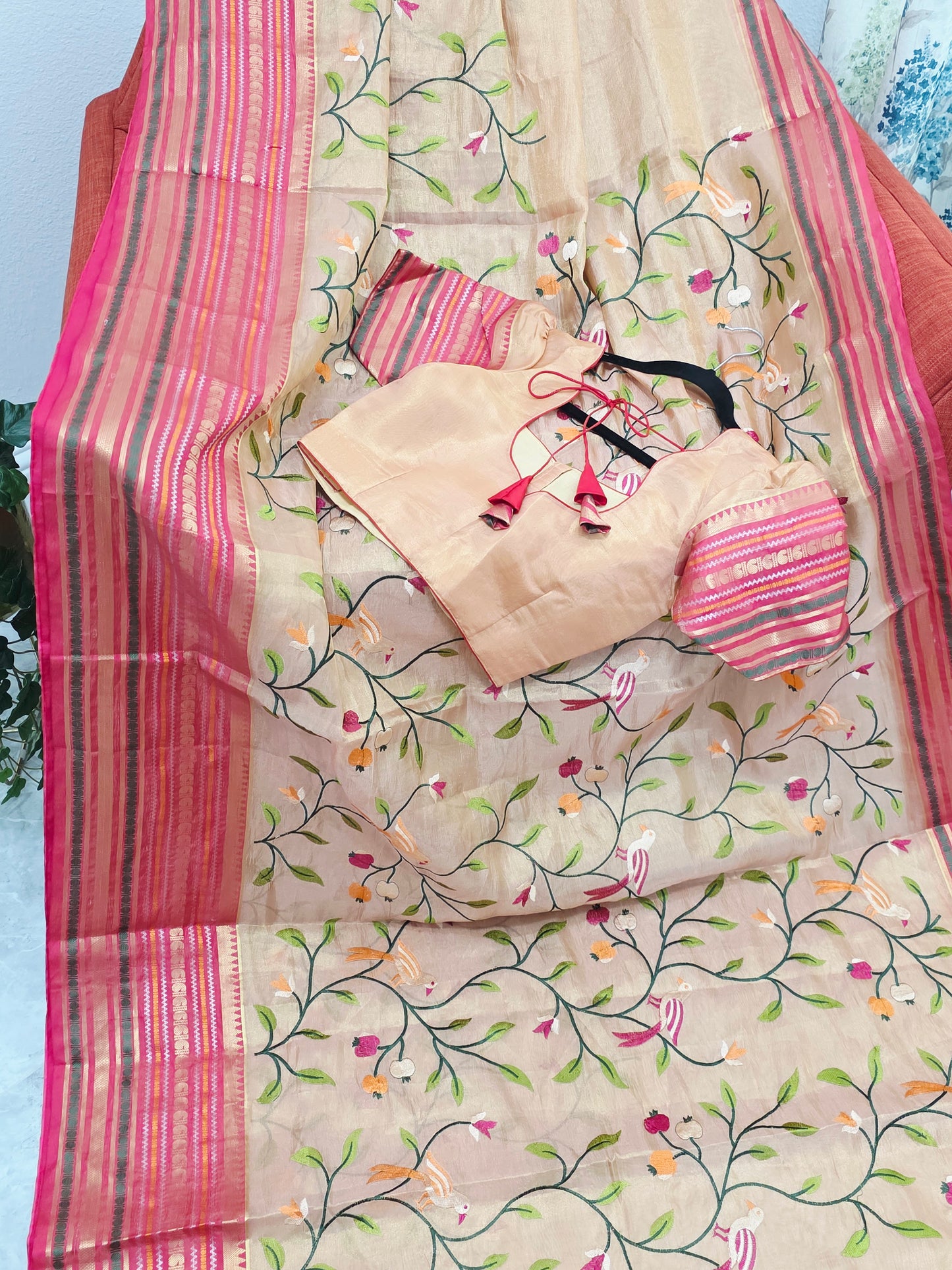 Blush Peach & Rani Pink Soft Tissue Silk Saree with Bird Embroidery & Designer Blouse