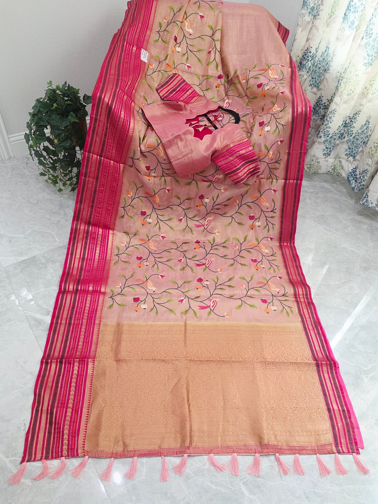 Blush Peach & Rani Pink Soft Tissue Silk Saree with Bird Embroidery & Designer Blouse