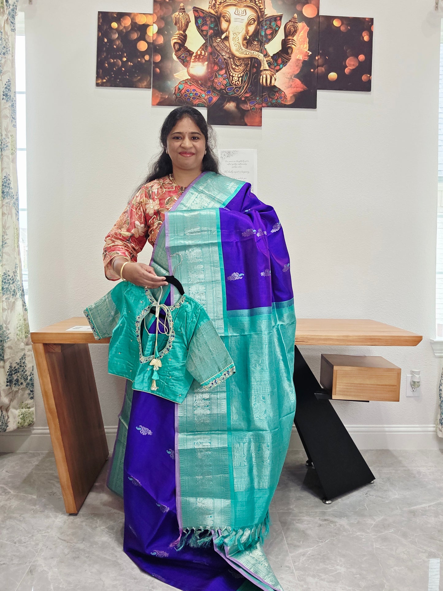 Pure Handloom Silk Saree in Royal Purple & Sea Green with Zari Butta & Maggam Blouse