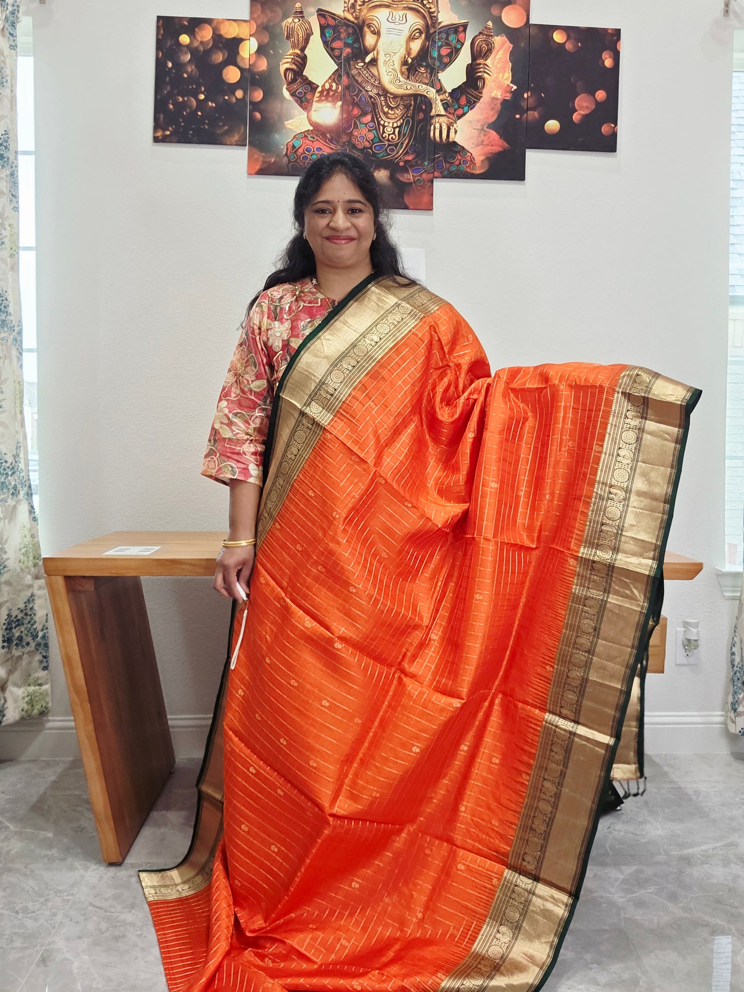 Pure Kanchi Soft Silk Saree in Orange and Bottle Green | Stitched Blouse