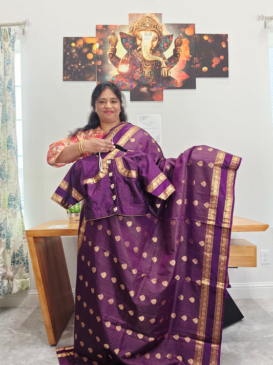 Pure Kanchi Soft Silk Purple Gap Border Saree with Gold Butta – Stitched Blouse