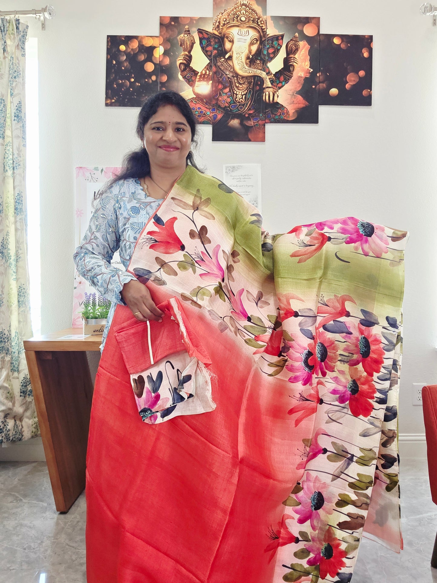 Pure Tussar Silk Shaded Floral Print Saree