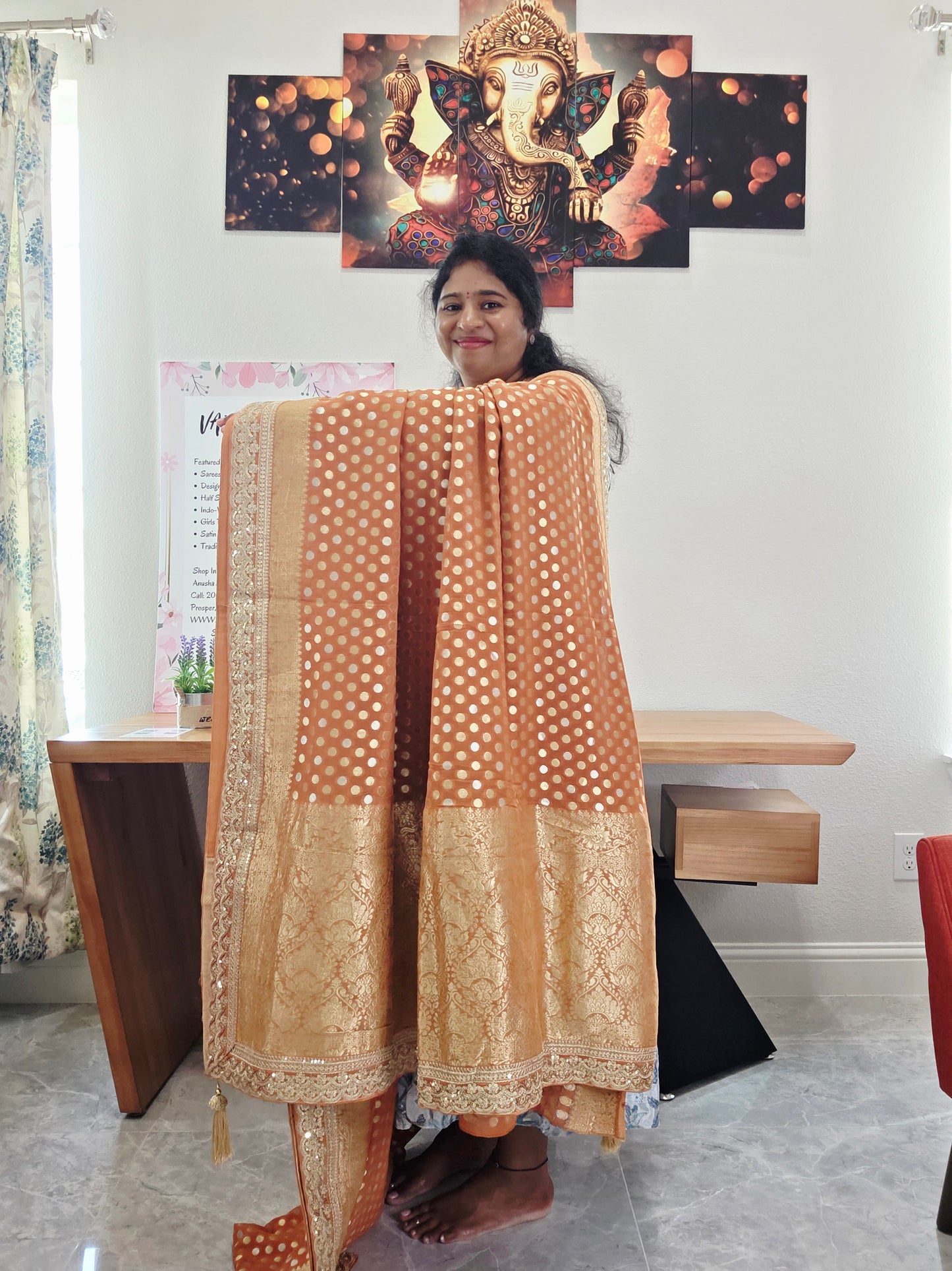 Rust Peach Viscose Georgette Polka Butta Saree with Lace Border & Stitched Blouse