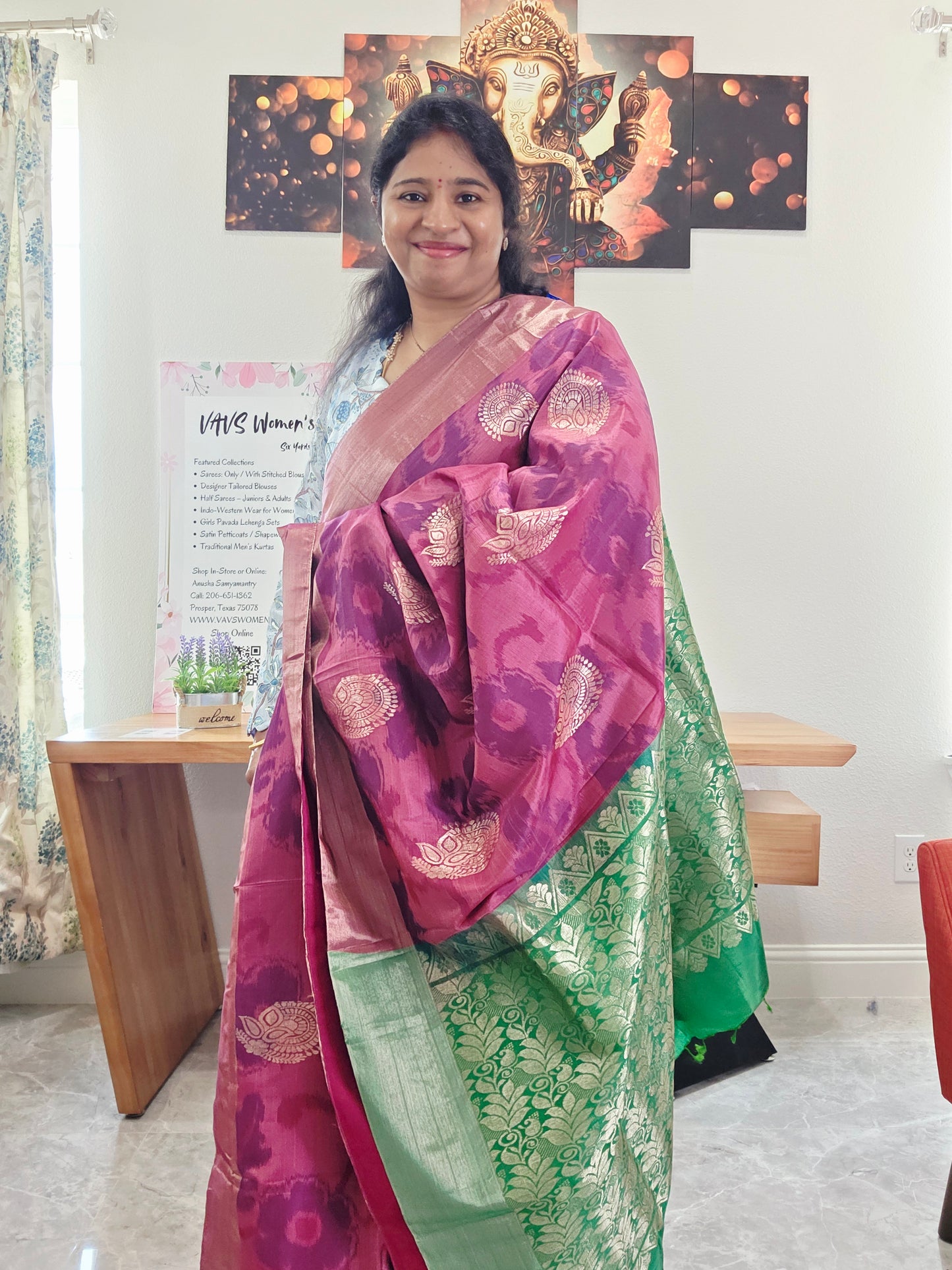 Raspberry Pink Semi Kanchi Ikat Pochampally Print Soft Silk Saree with Emerald Green Border