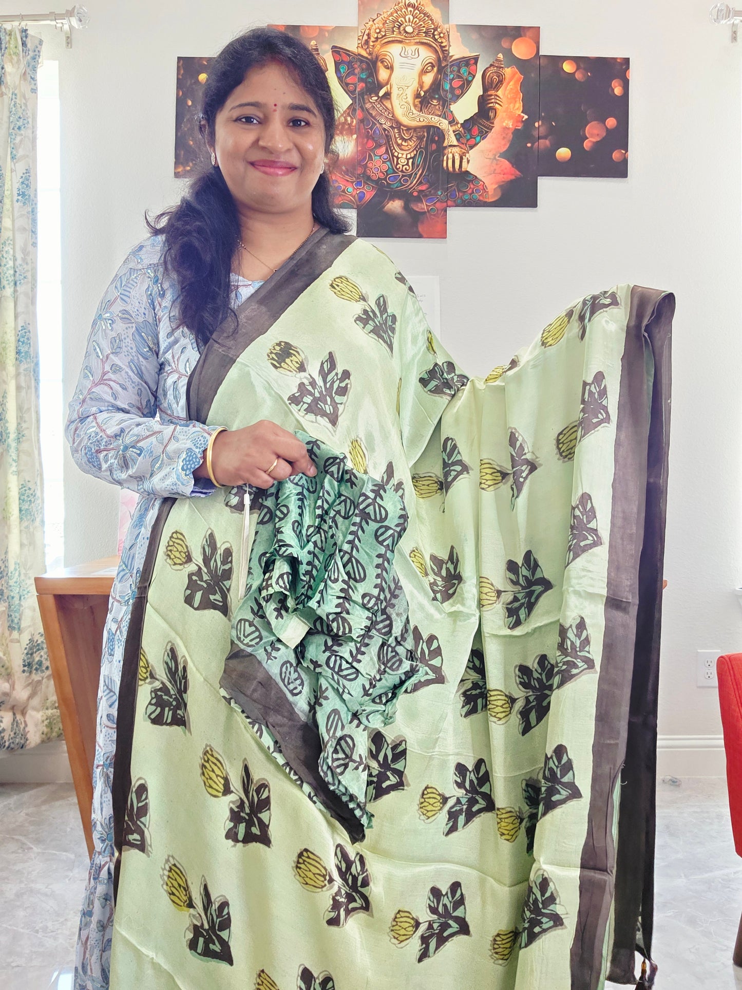 Celadon Sage Elegance Ajrakh Print Soft Satin Modal Saree with Mocha Brown Border | Blouse Piece Included