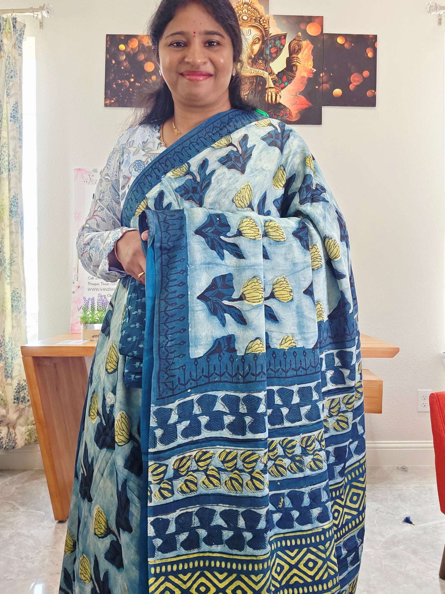 Azure Indigo Serenity Ajrakh Print Soft Satin Modal Saree with Blouse Piece