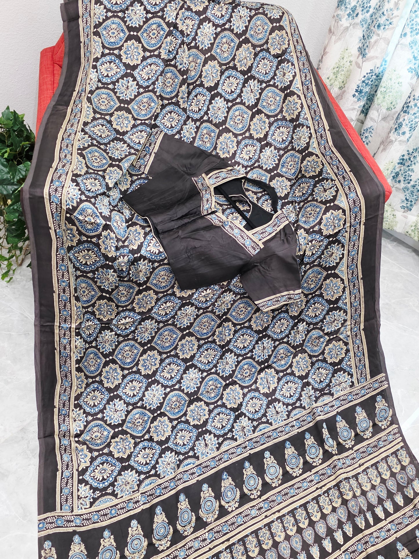 Midnight Mocha Ajrakh Hand Block Print Pure Modal Silk Saree with Stitched Blouse