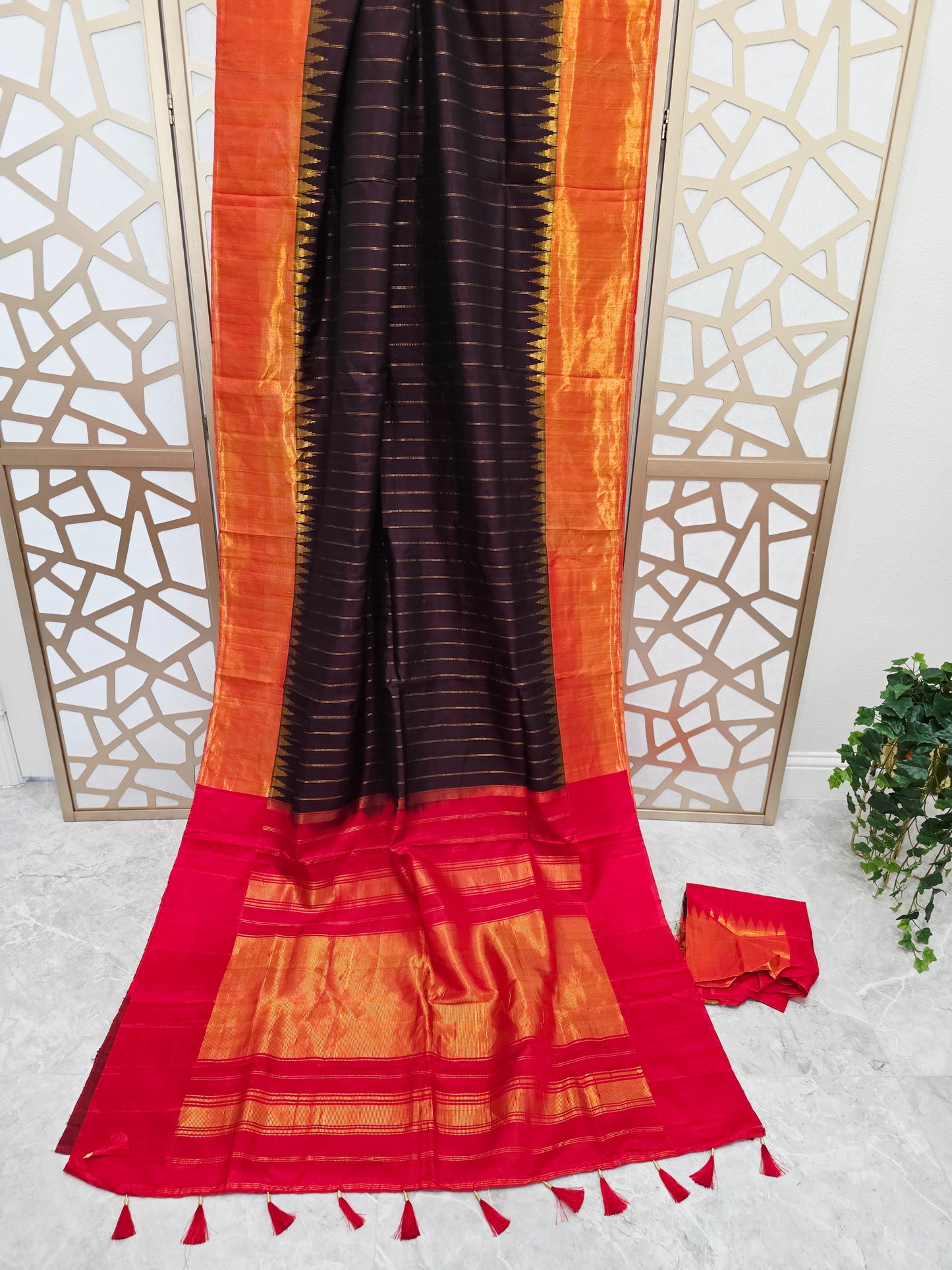 Espresso Brown Pure Gadwal Handloom Soft Silk Saree with Tissue Border & Temple Design