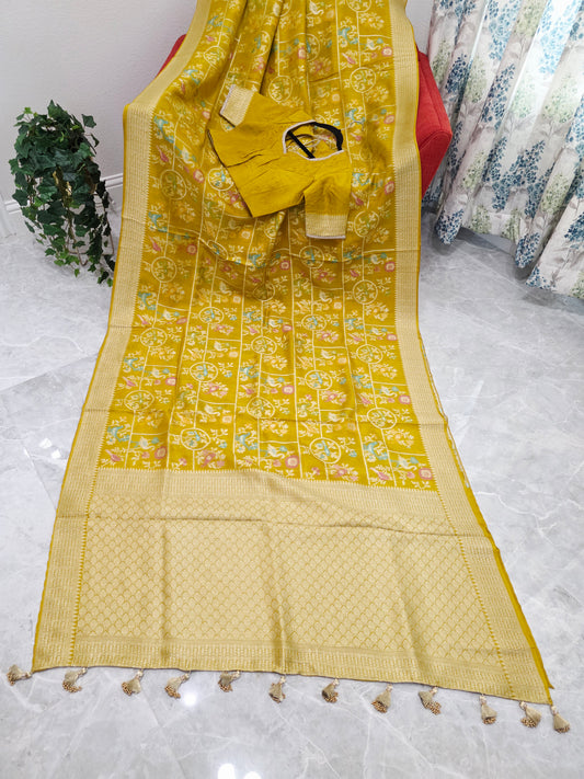 Haldi Gold Chanderi Linen Tussar Blended Benarasi Saree With Stitched Blouse