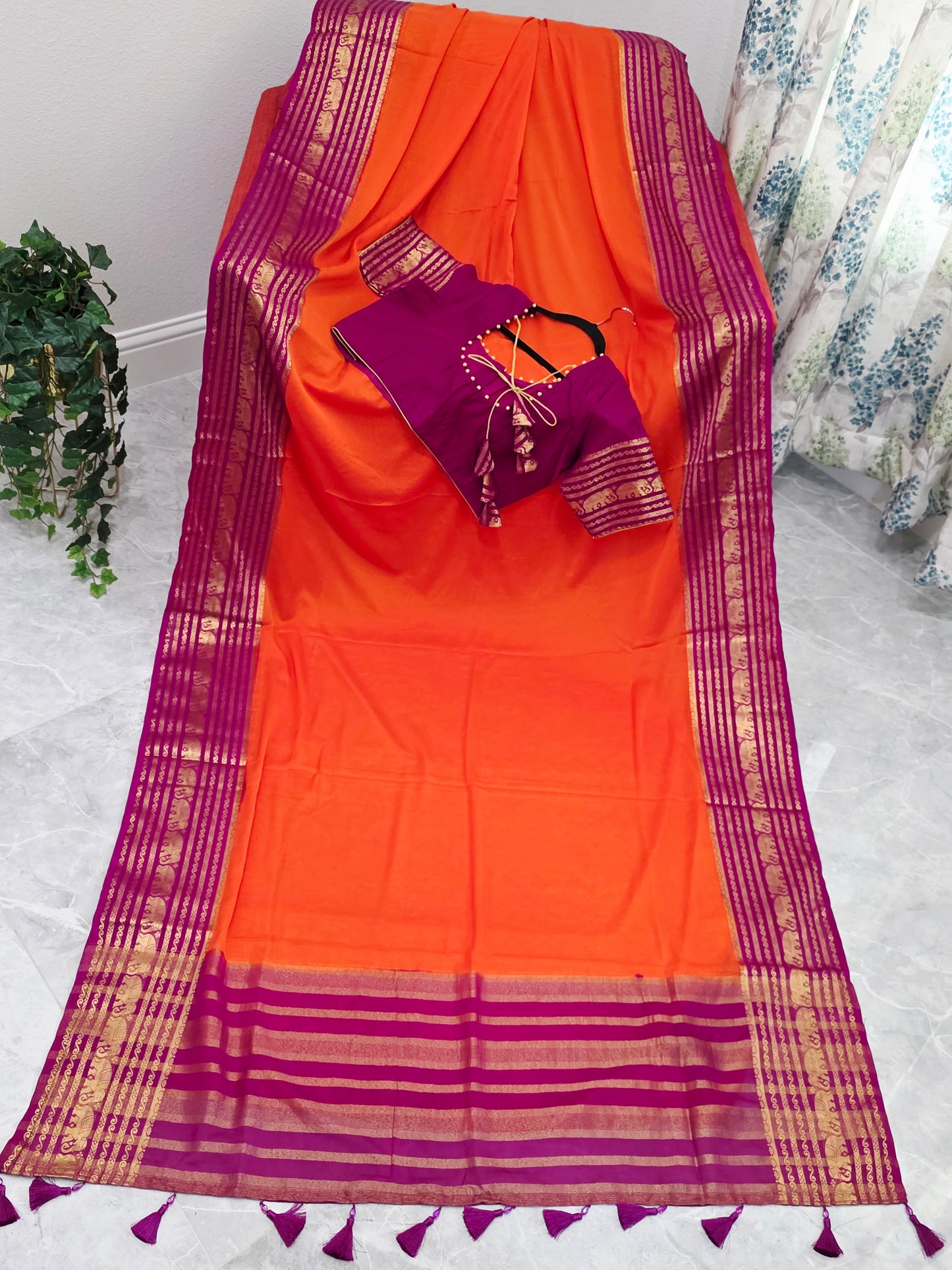 Sunset Orange & Rani Magenta Semi Mysore Crepe Silk Saree With Stitched Blouse