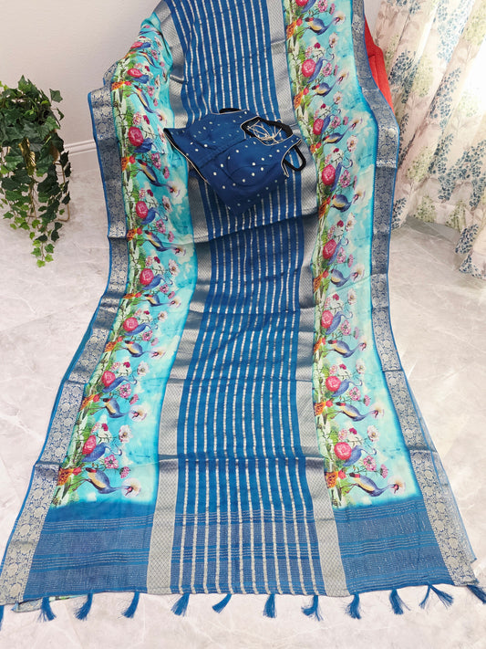 Azure Peacock Bloom Georgette Crepe Silk Saree with Stitched Blouse