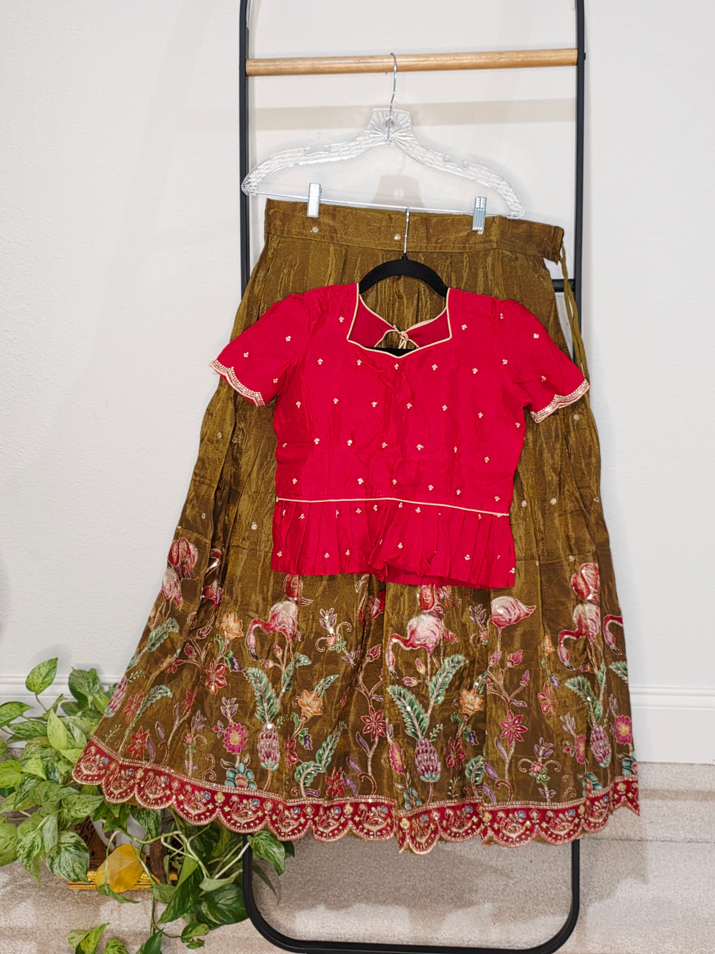 Crimson Ruby & Antique Olive Gold Tissue Fabric Swan Bird Floral Embroidery Lehenga Blouse Set for Girls 11–12 Years