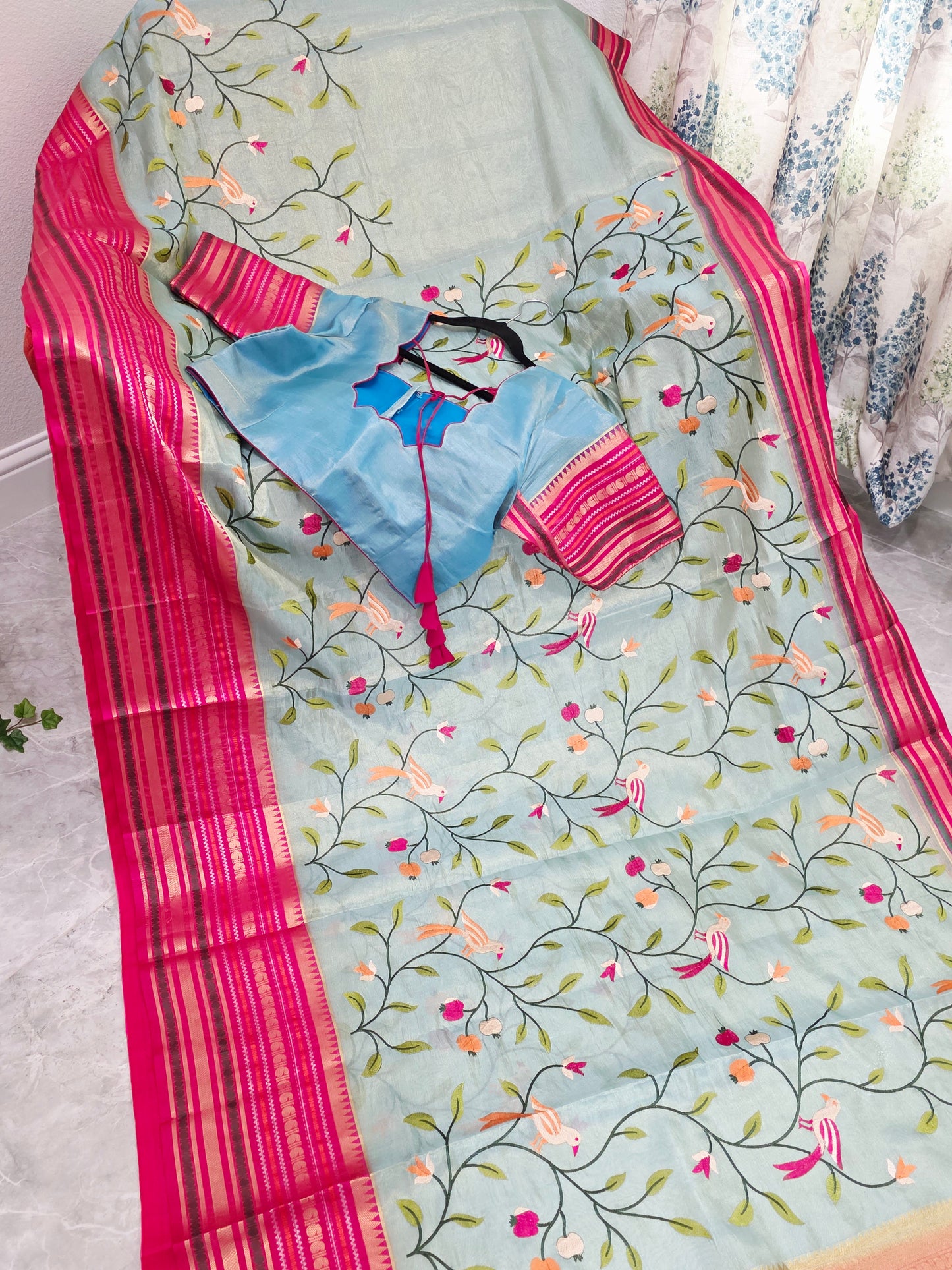 Mint Aqua & Rani Pink Soft Tissue Silk Saree with Bird Embroidery and Stitched Blouse