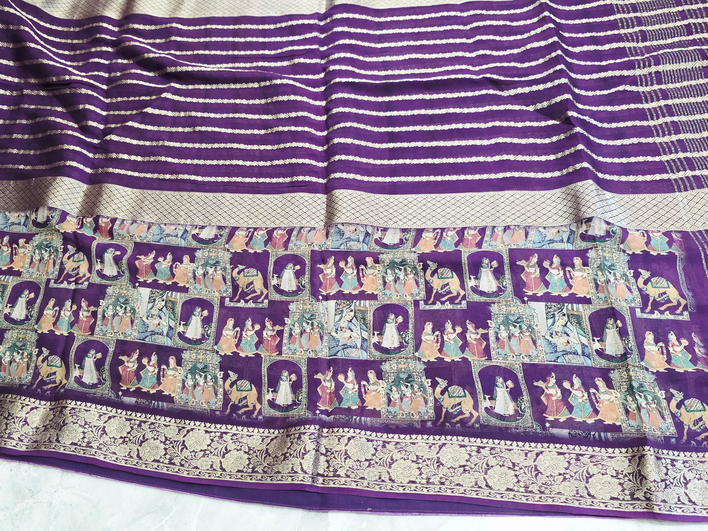 Royal Plum Purple Designer Georgette Crepe Silk Saree with Unstitched Blouse