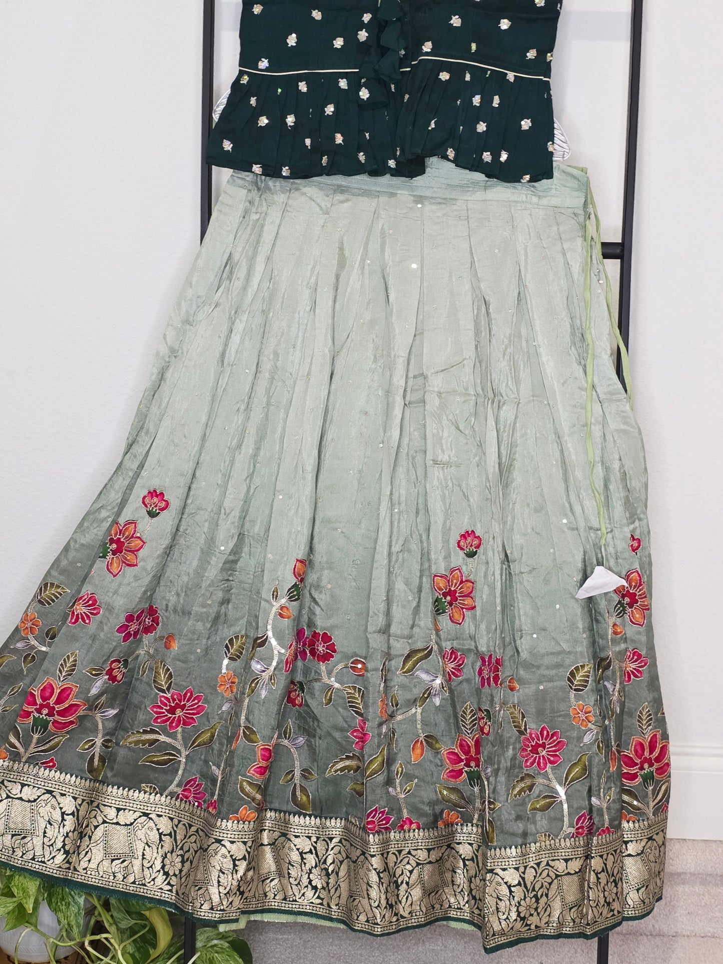 Deep Emerald Green & Sage Munga Benarasi Floral Embroidery Lehenga Crop Top Set for Girls