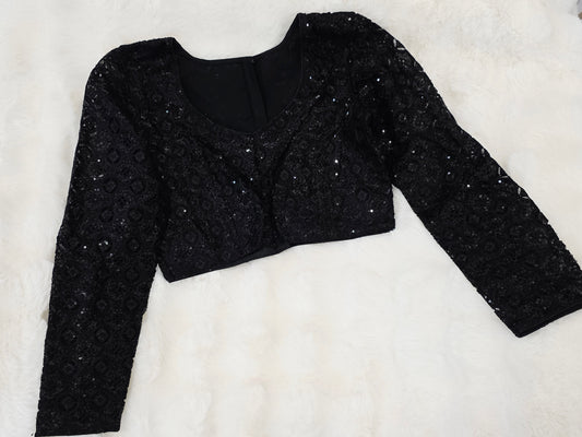 Midnight Black Net Full Sleeves Designer Blouse