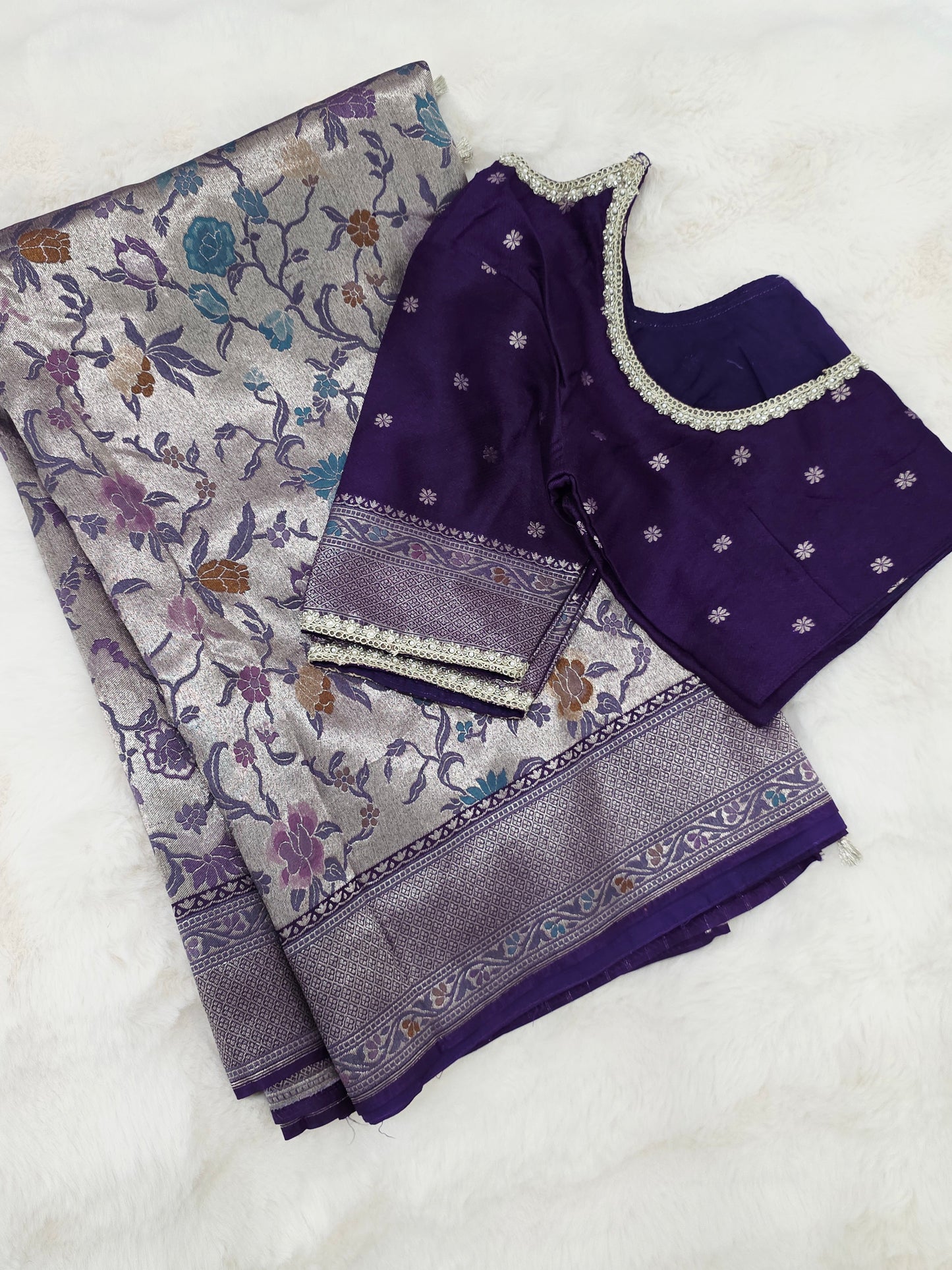 Champagne Silver & Royal Purple Benarasi Paithani Designer Saree with Stitched Blouse