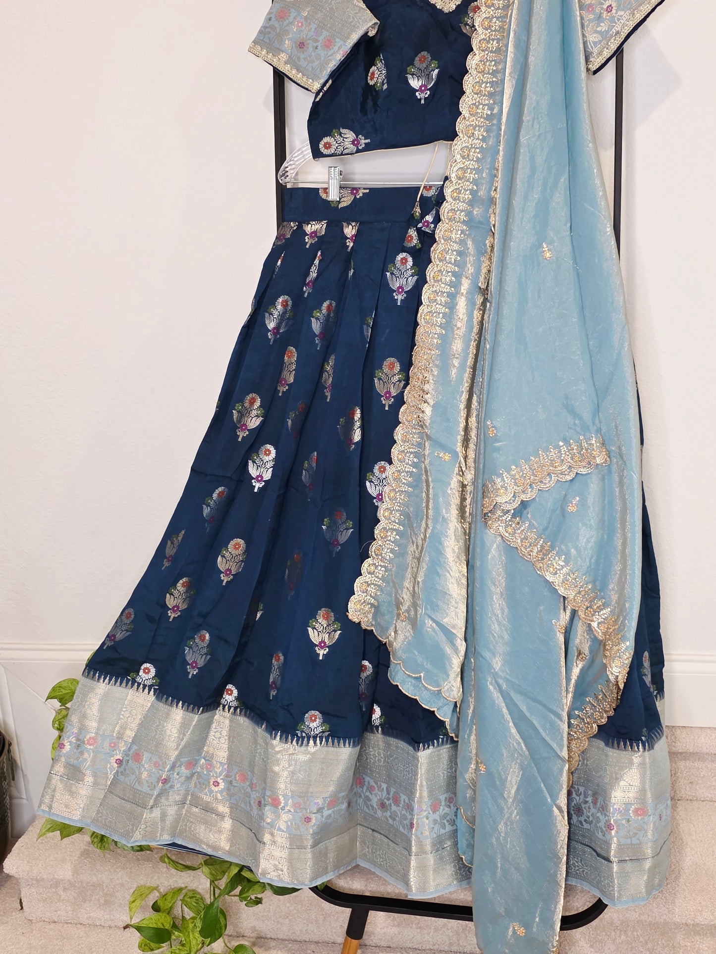 Dark Teal Blue & Powder Blue Banarasi Meenakari Butta Lehenga Set — Floral Motif Bridal Lehenga Choli with Space Silk Dupatta