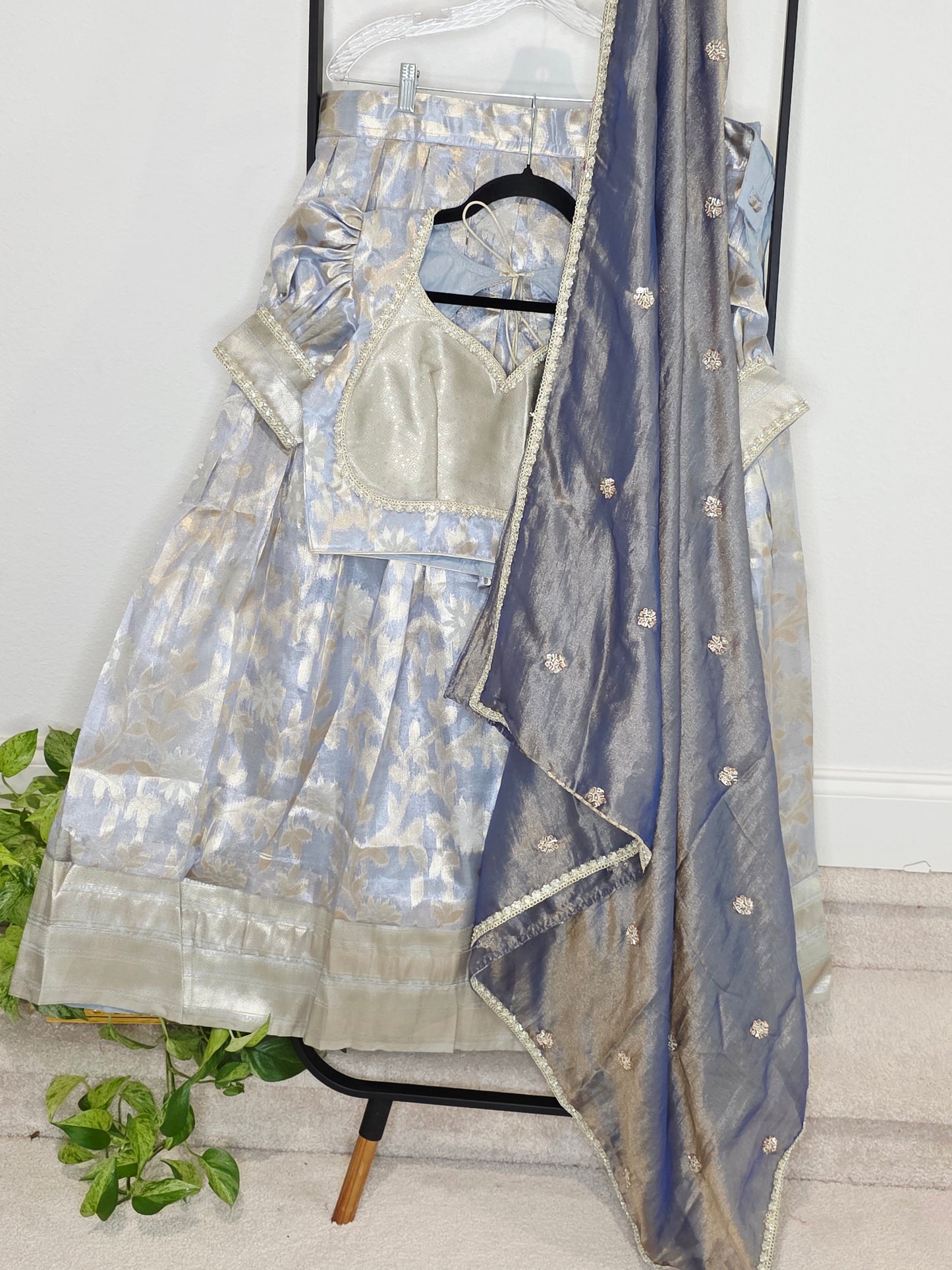 Steel Blue & Silver Tissue Organza Lehenga Set — Pastel Brocade Bridal Lehenga Choli with Chinon Dupatta