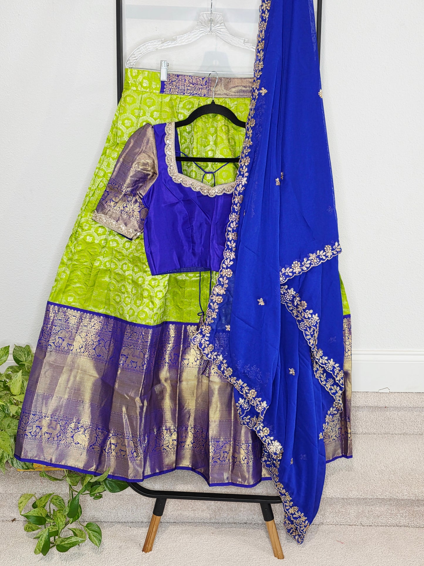 Royal Blue & Lime Gold Pure Kanchipuram Silk Lehenga Set — Zari Brocade Bridal Half Saree with Georgette Cutwork Dupatta