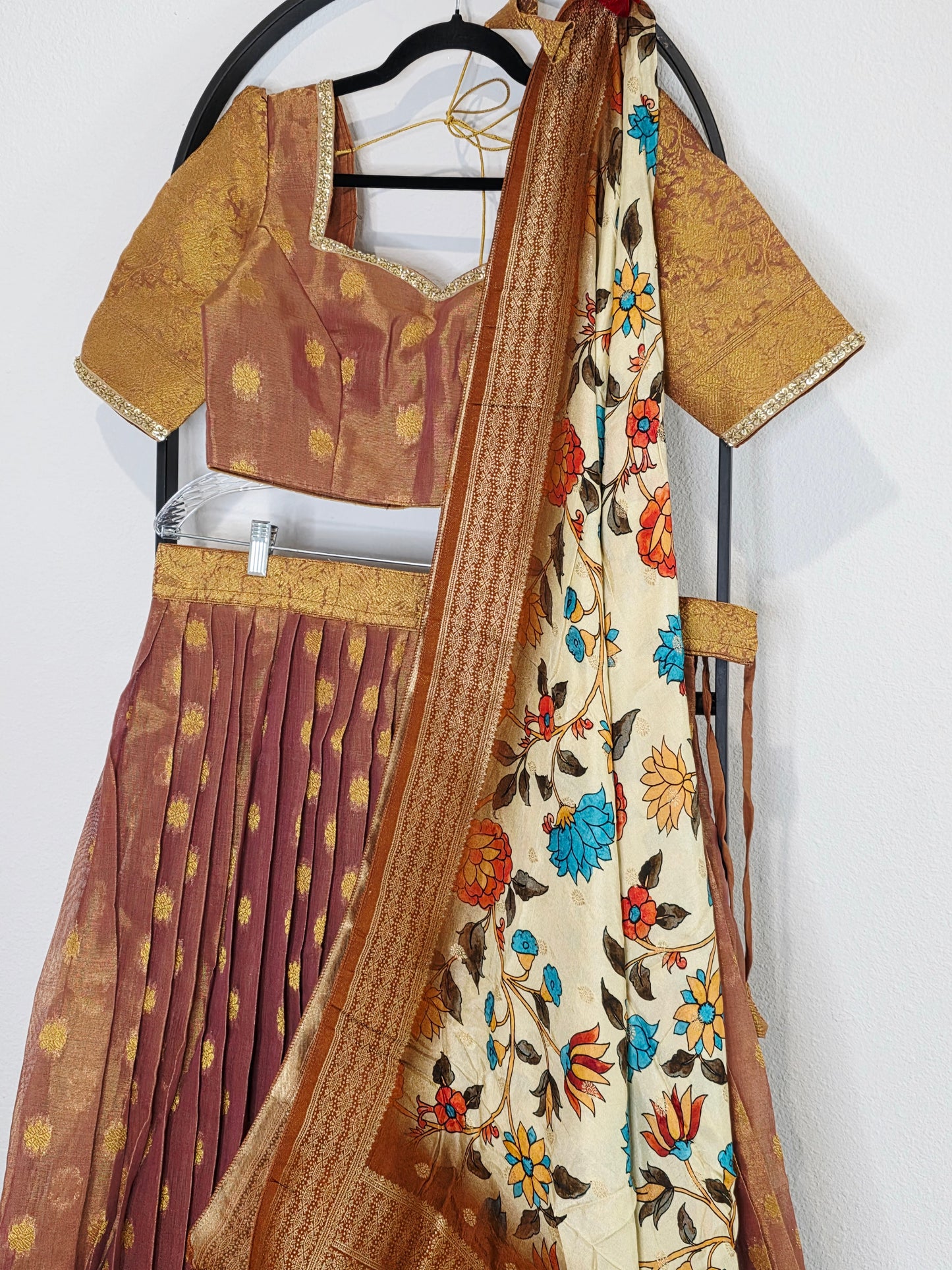 Antique Mauve Gold Tissue Jute Silk Benarasi Lehenga Set with Kalamkari Dola Silk Dupatta