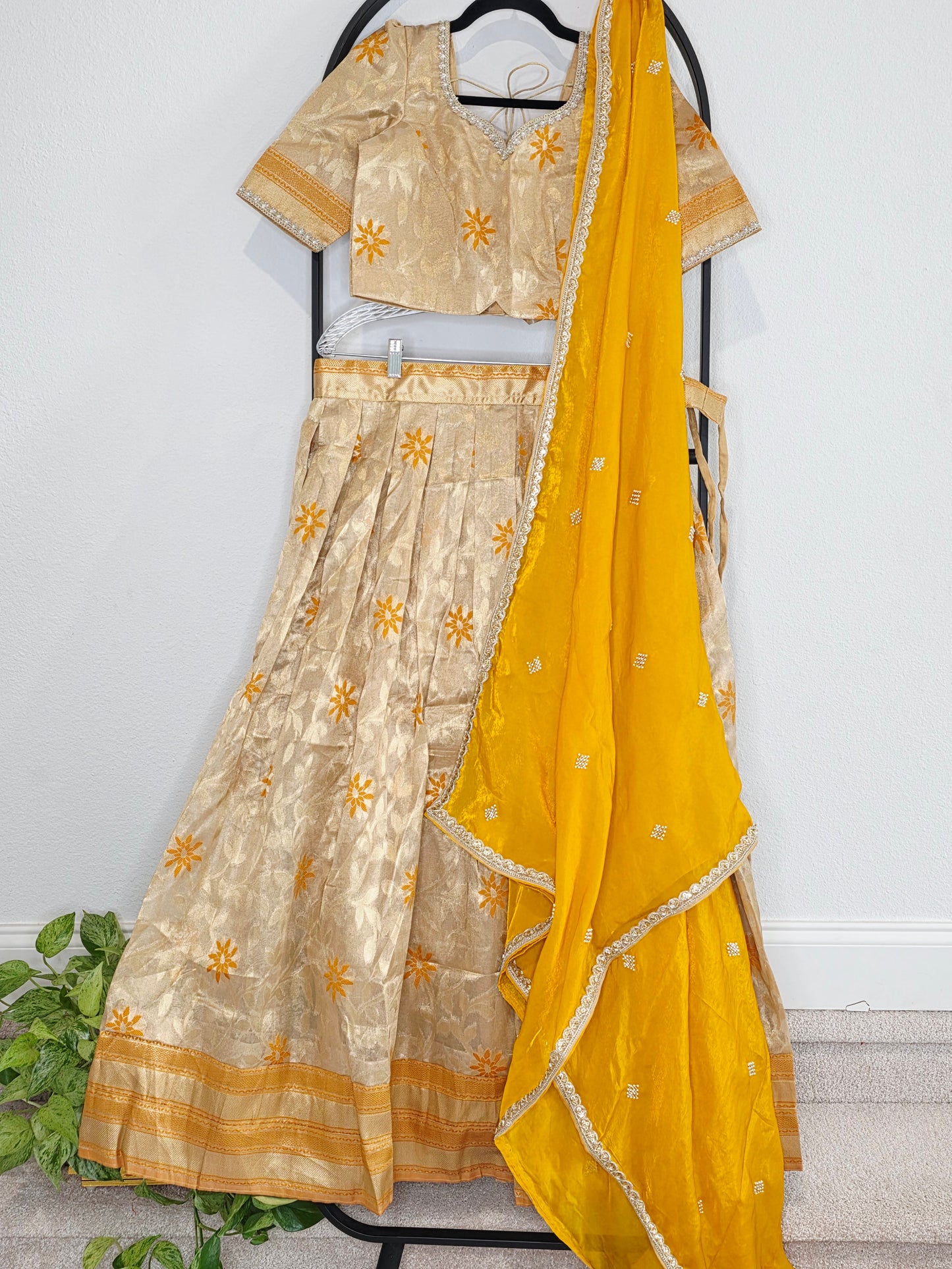 Champagne Gold Tissue Organza Lehenga Set with Mustard Space Silk Dupatta