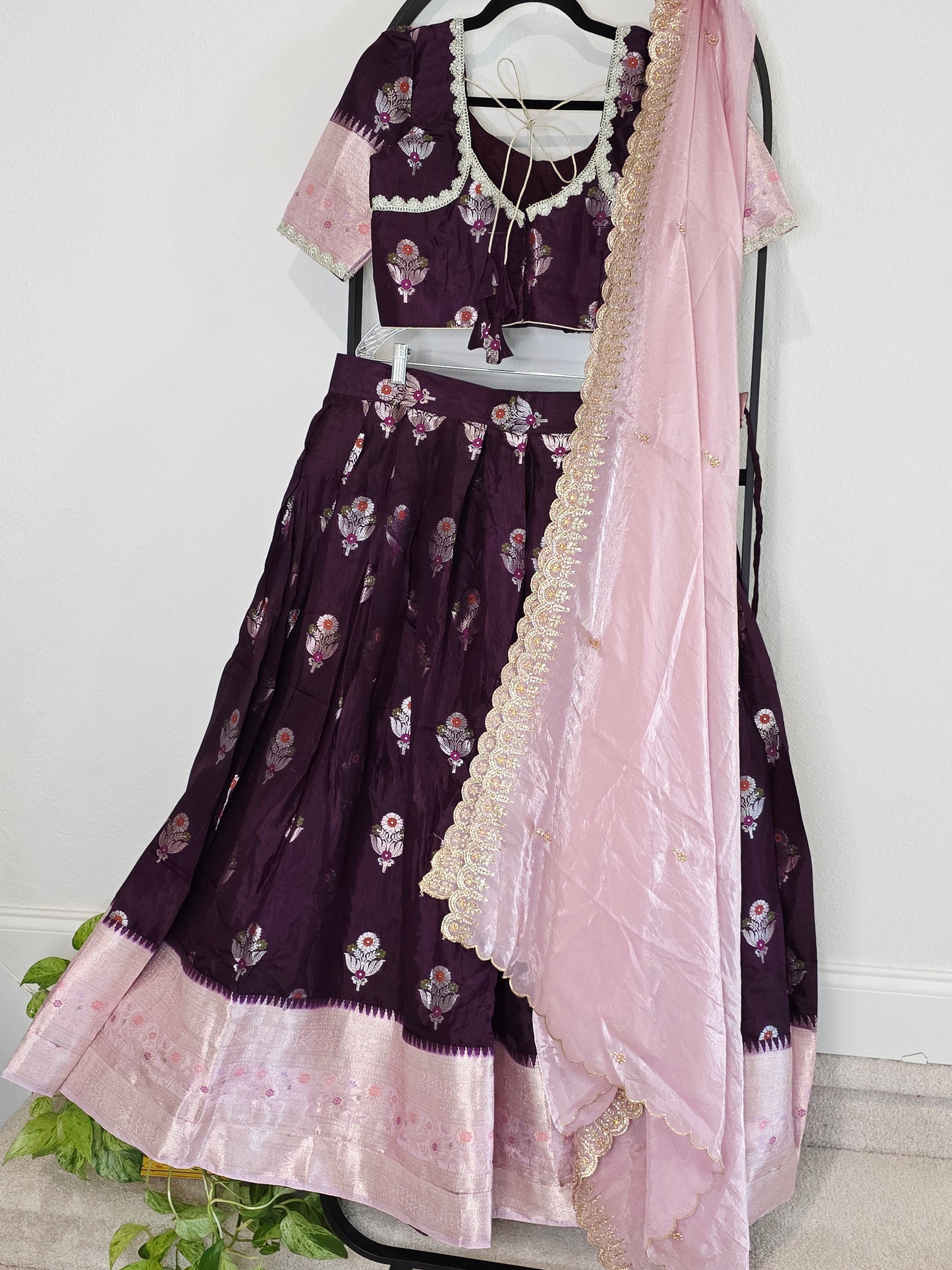 Deep Plum & Blush Rose Banarasi flower Butta Lehenga Set — Meenakari Silk Bridal Lehenga Choli with Pink Zari Border & Space Silk Dupatta