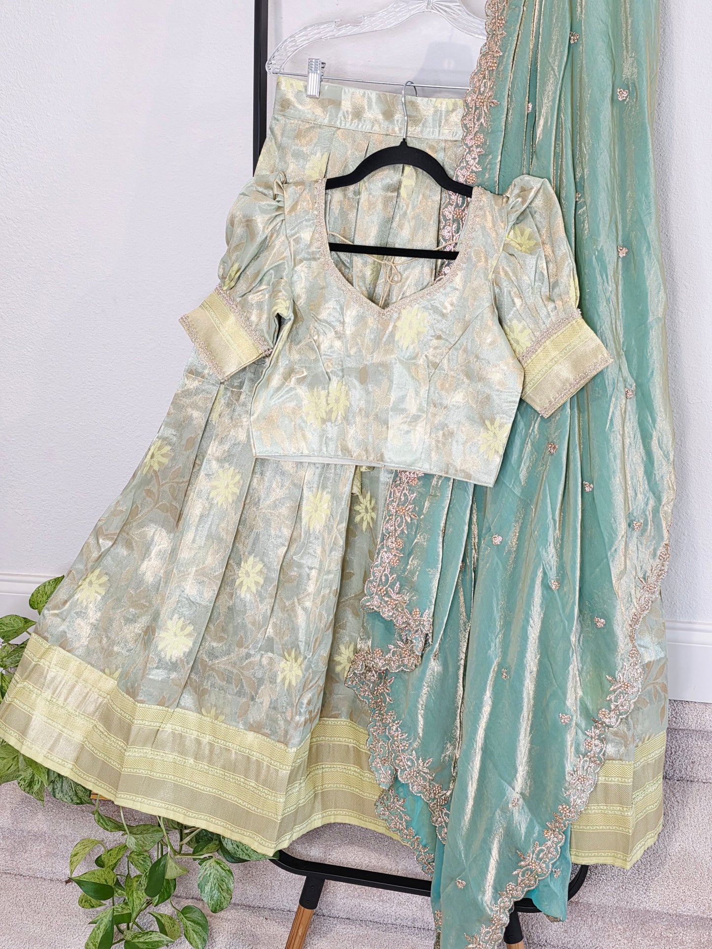 Pastel Mint Aqua Tissue Organza Lehenga Set with Space Silk Dupatta