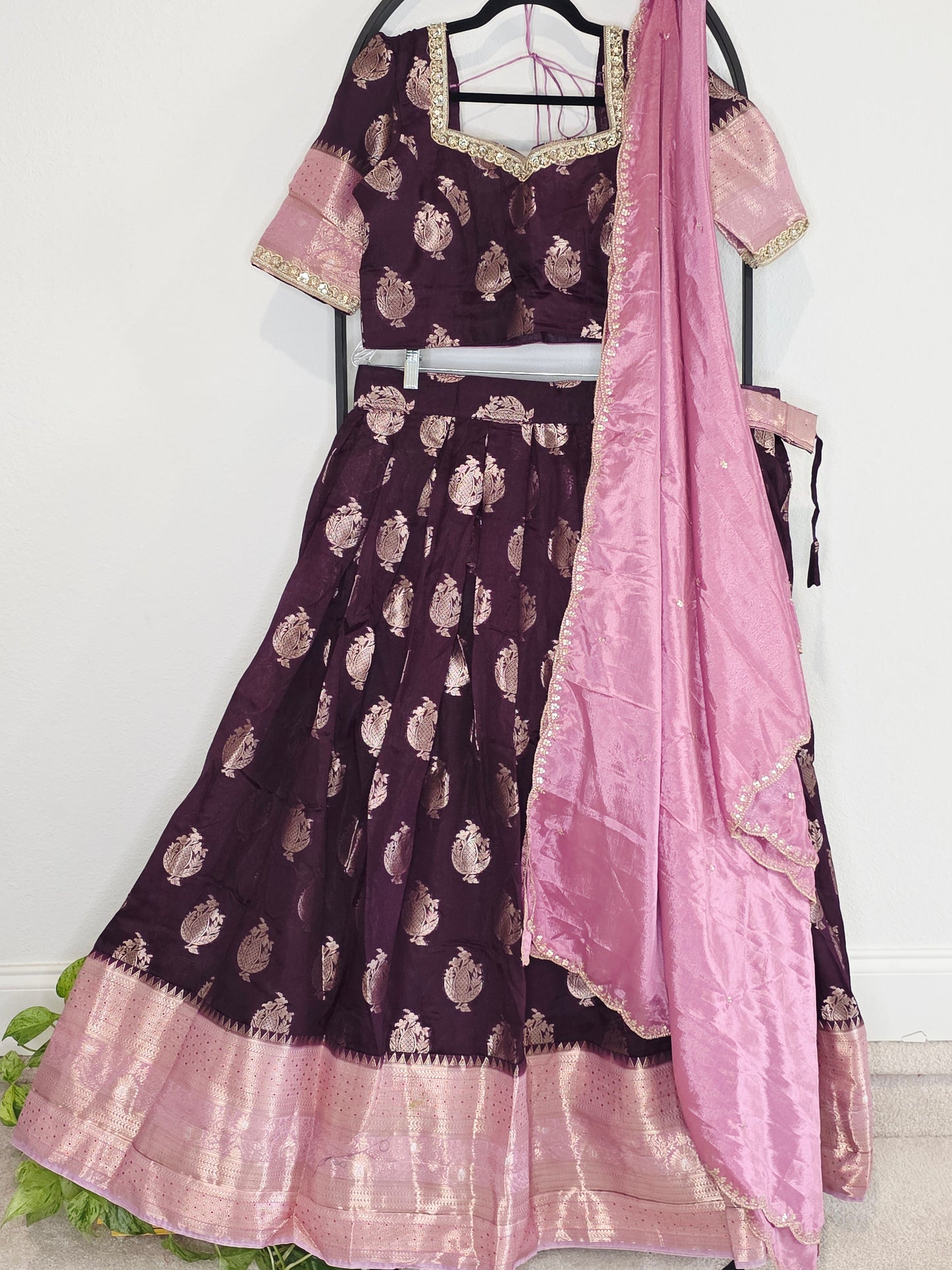 Plum Wine Mango Benarasi Silk Lehenga Set with Rose Pink Chinon Dupatta